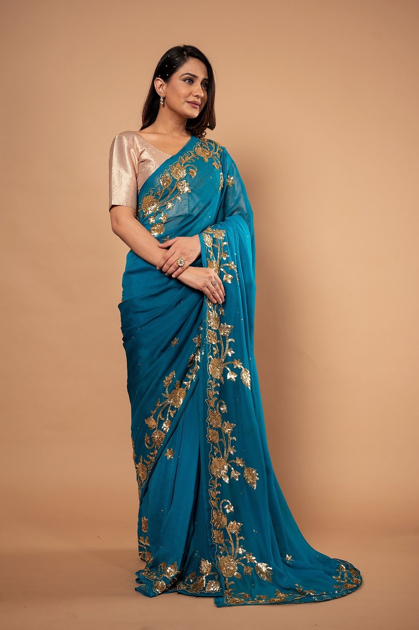 Rama Blue Pure Chiffon sequins border butti work Handwork saree