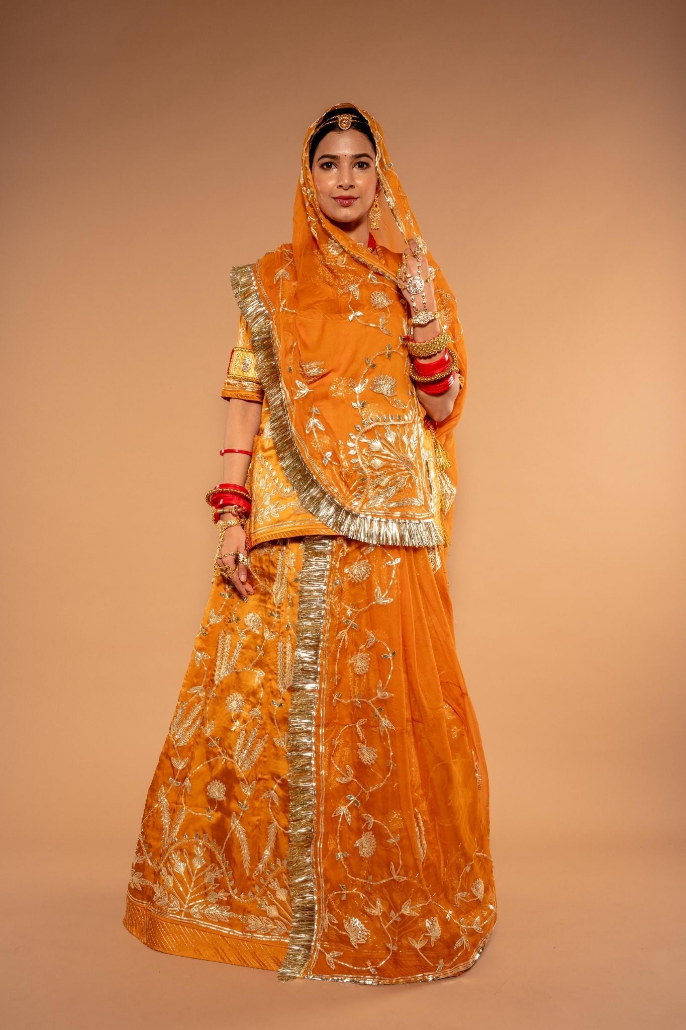 musterd bamber satin sikhiya gota jaal handwork poshak with pure odhna