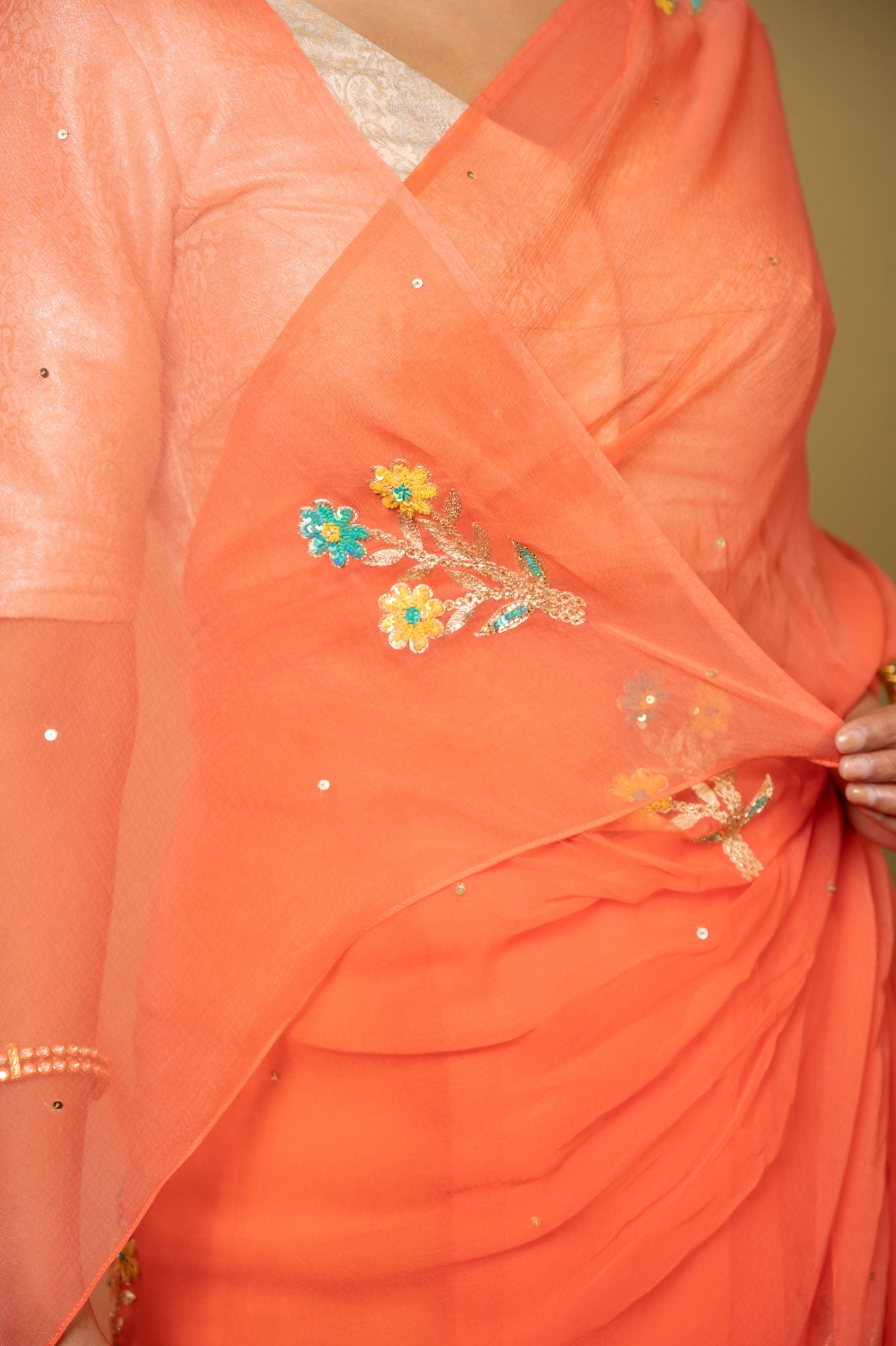 Peach viscose chiffon aari sequins handwork casual wear saree