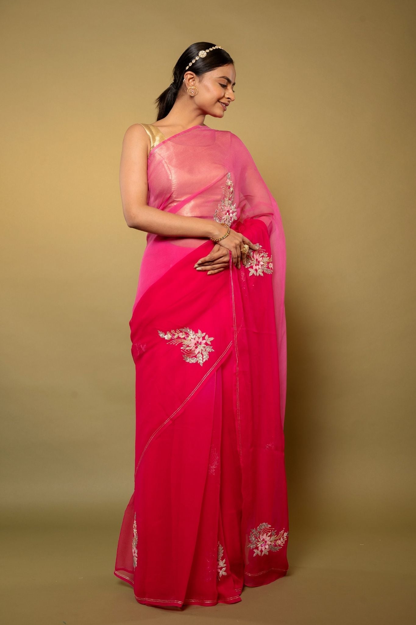 rani light dark Viscose Chiffon Aari sequins kardana motif handwork casual wear saree