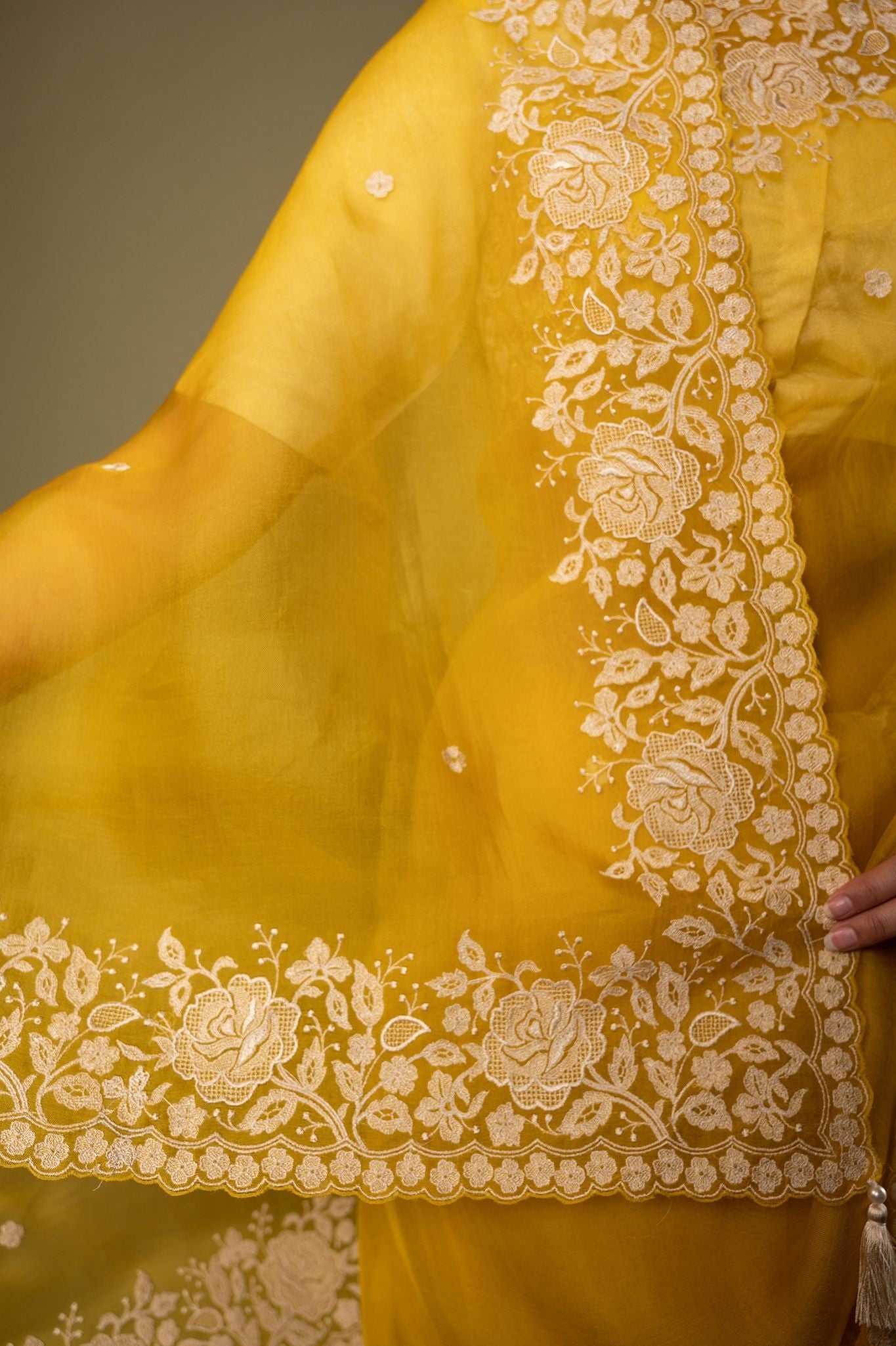 Yellow Organza resham border butti handwork saree