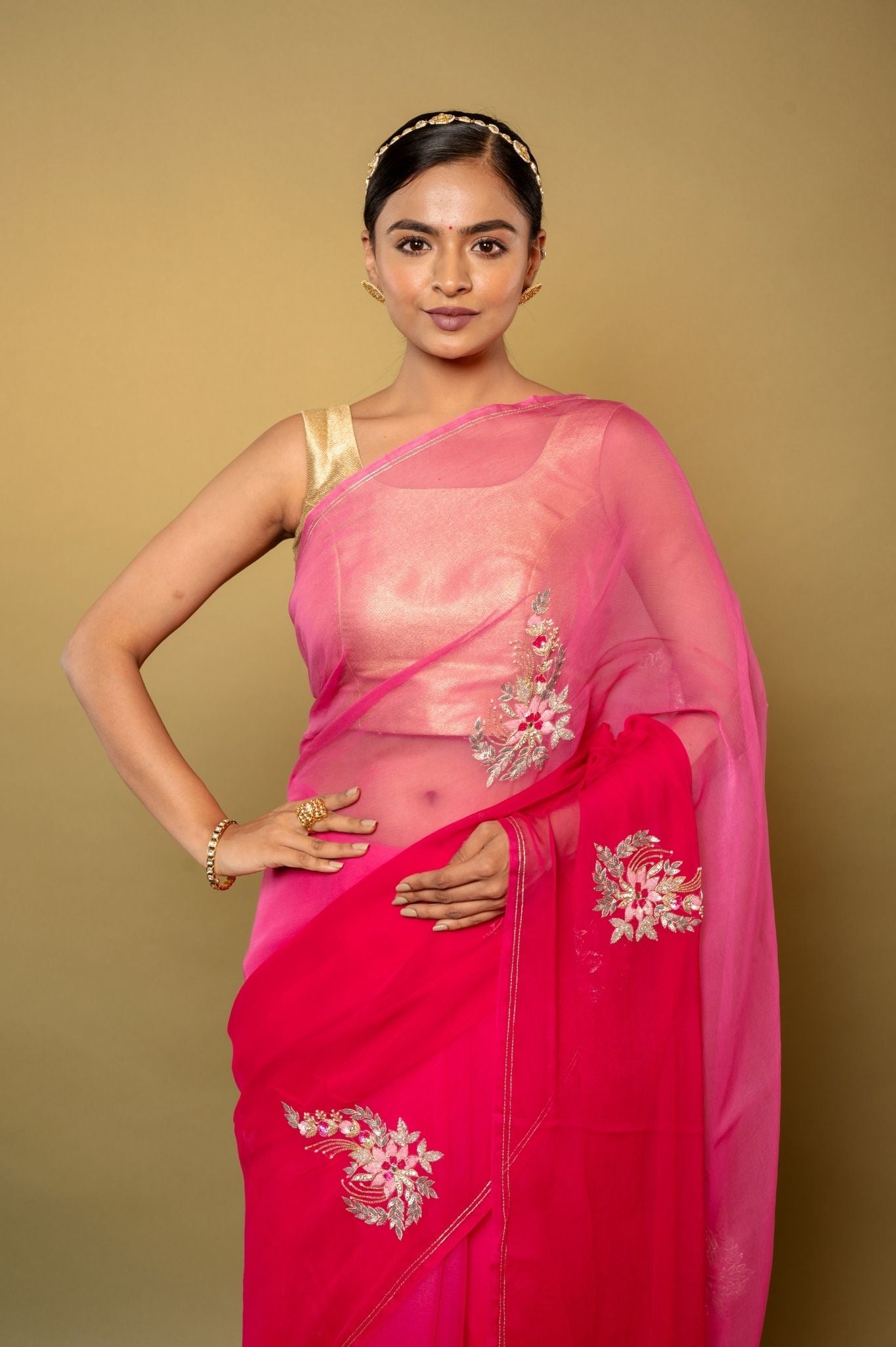 rani light dark Viscose Chiffon Aari sequins kardana motif handwork casual wear saree