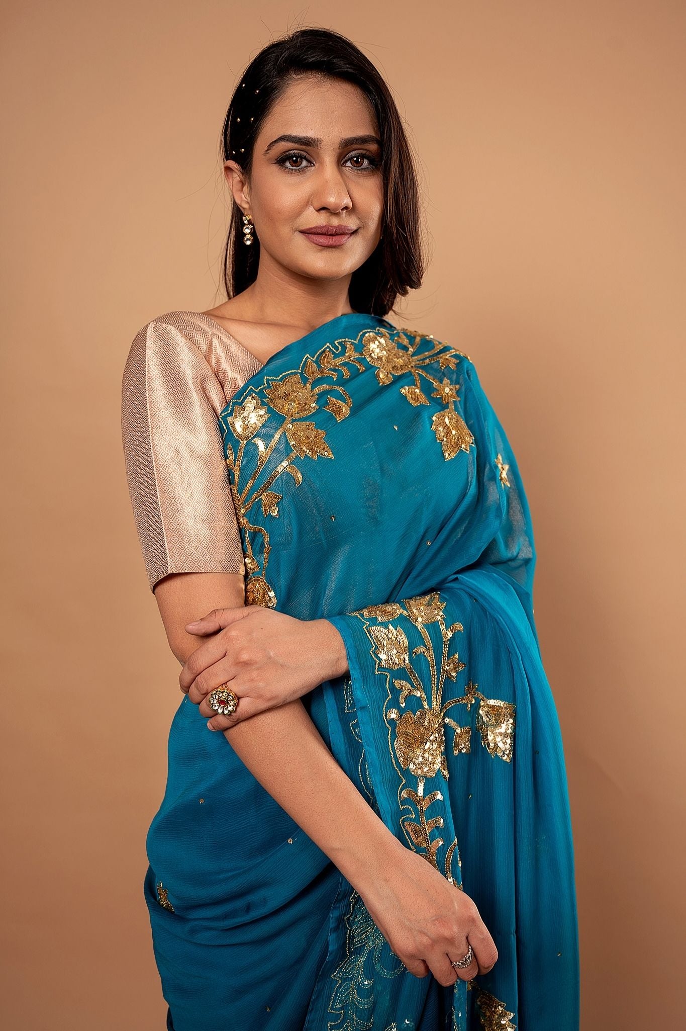 Rama Blue Pure Chiffon sequins border butti work Handwork saree