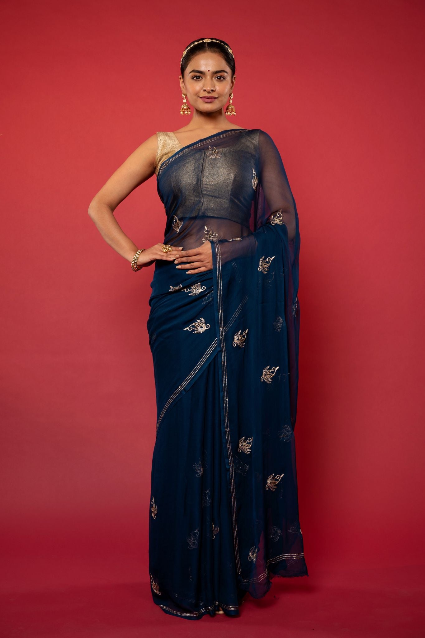 Dark blue viscose chiffon aari sequins handwork casual wear saree