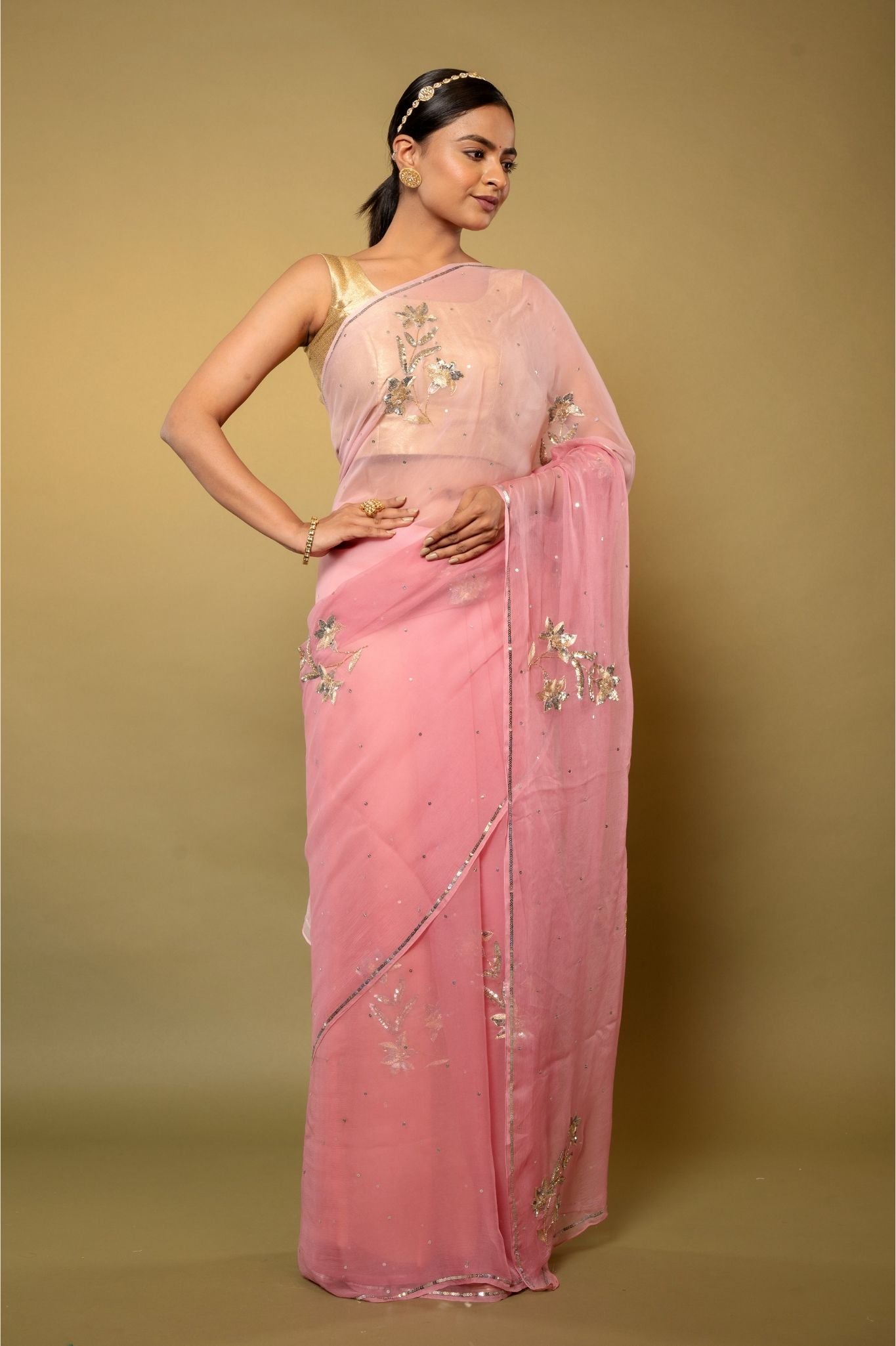 mate pink Viscose Chiffon Aari sequins Motif handwork casual wear saree
