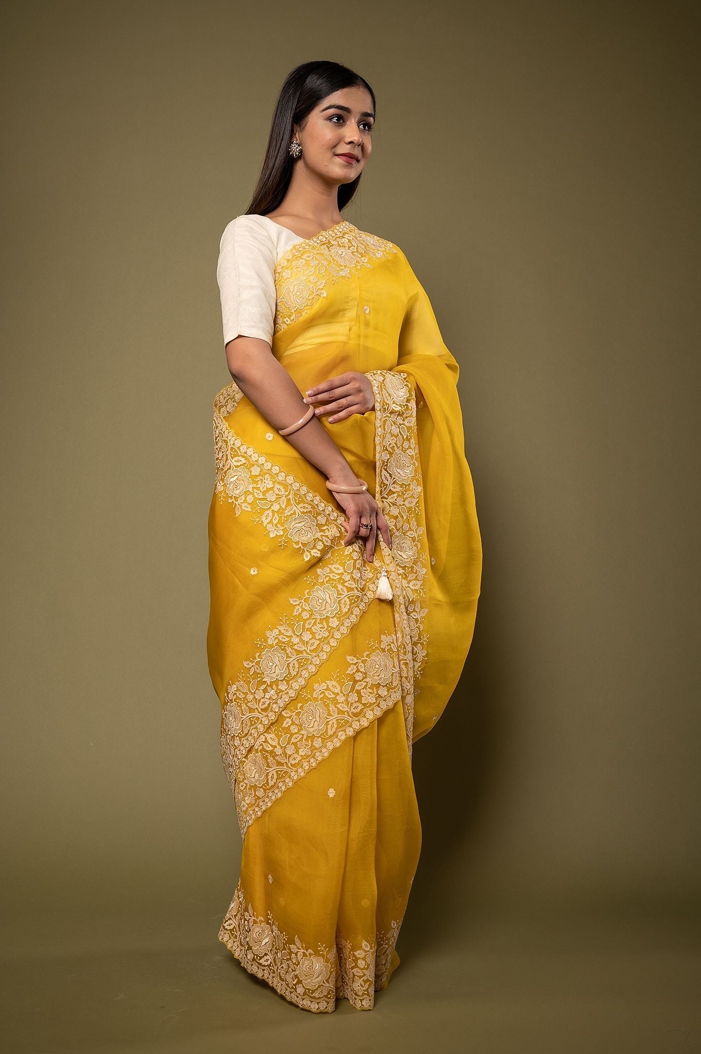 Yellow Organza resham border butti handwork saree