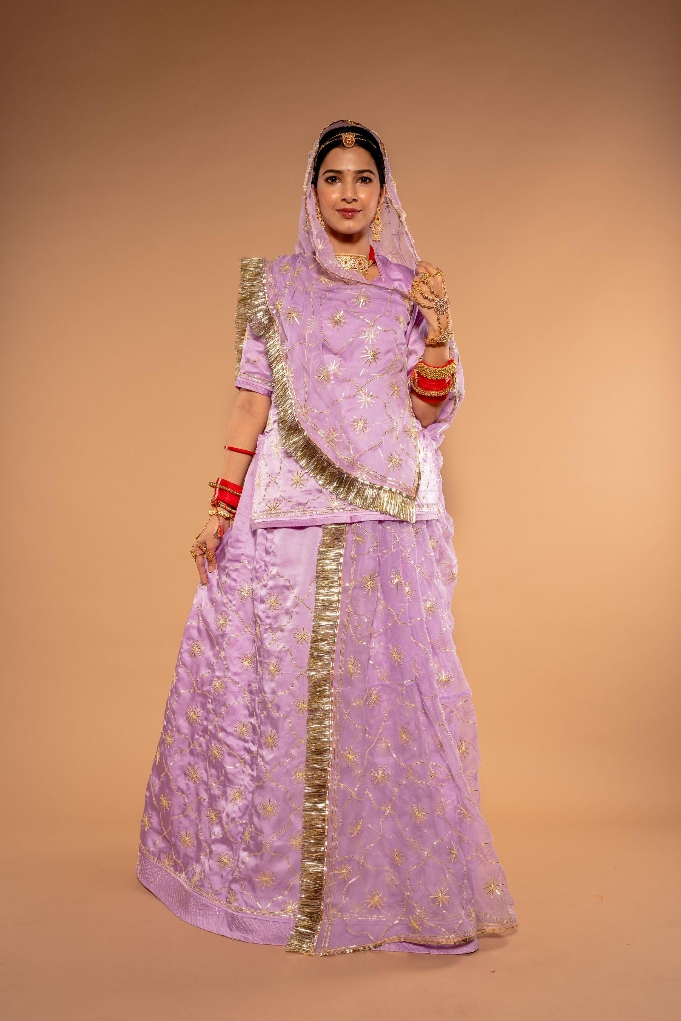 lavender bamber satin sikhiya gota jaal handwork poshak with pure odhna