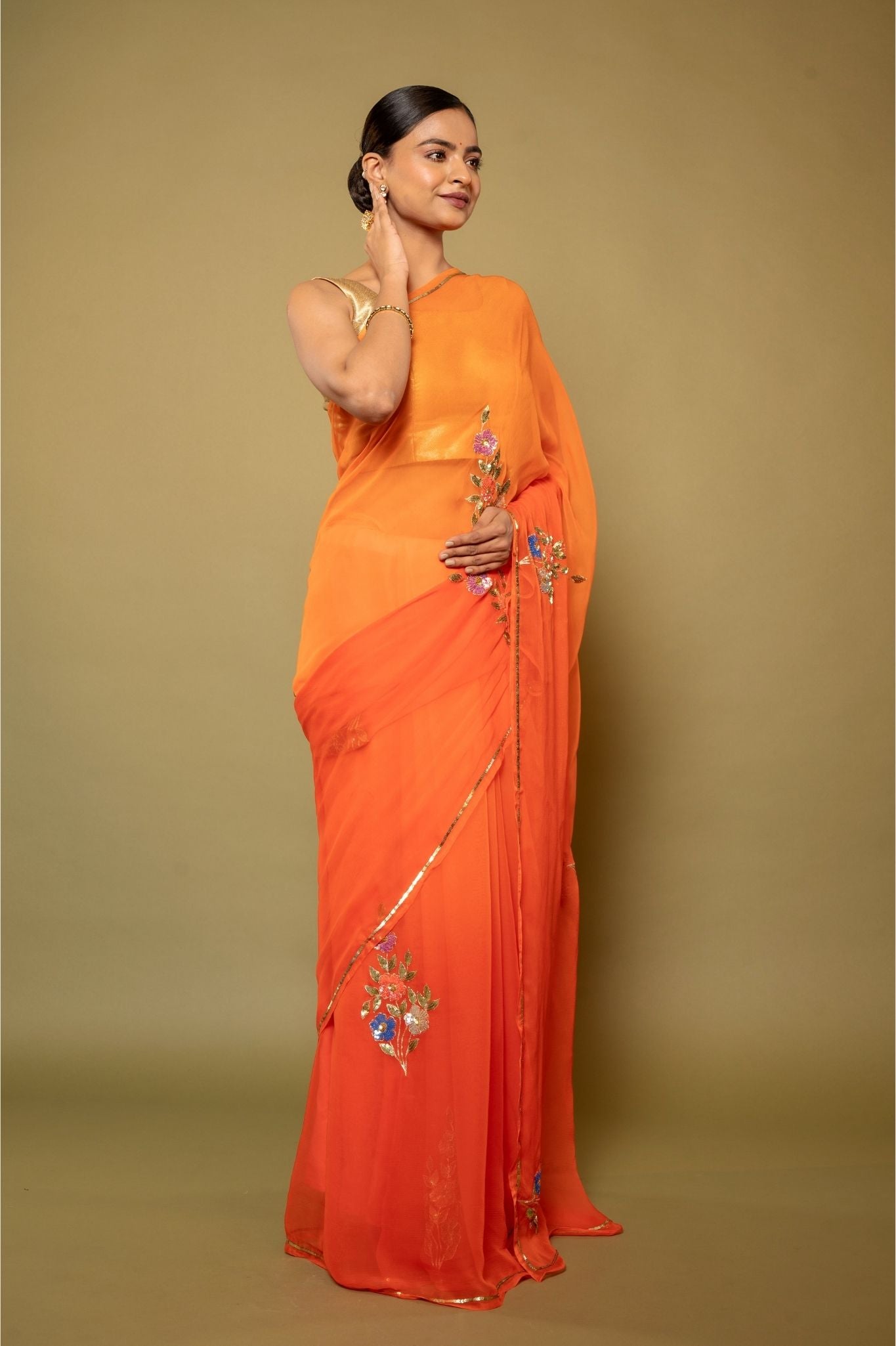 Orange light dark Viscose Chiffon sequins motif handwork casual wear Saree