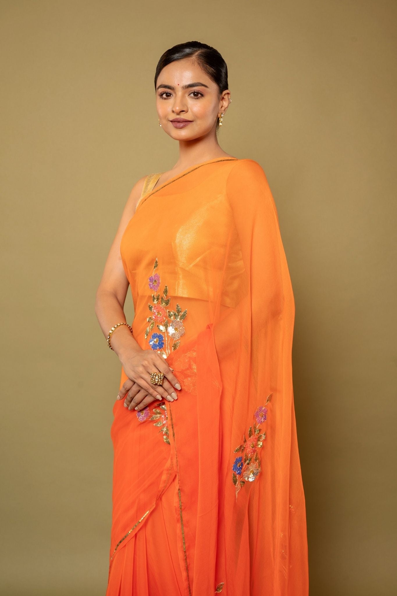 Orange light dark Viscose Chiffon sequins motif handwork casual wear Saree