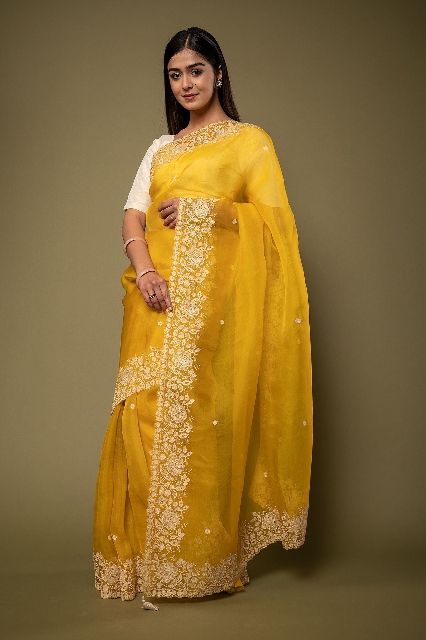 Yellow Organza resham border butti handwork saree