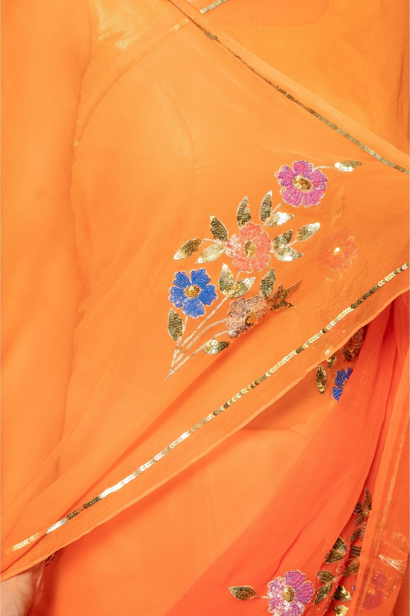 Orange light dark Viscose Chiffon sequins motif handwork casual wear Saree