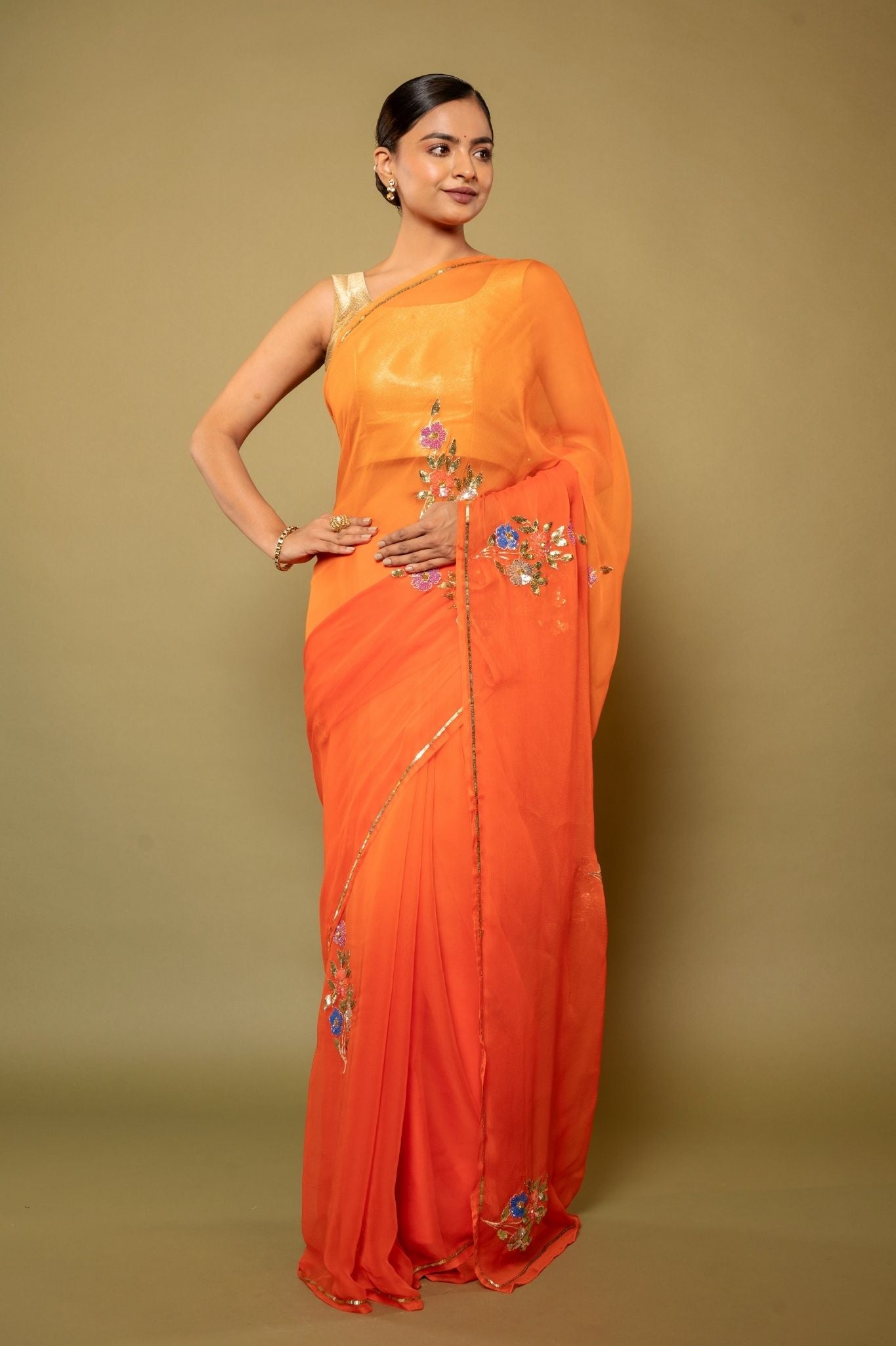 Orange light dark Viscose Chiffon sequins motif handwork casual wear Saree