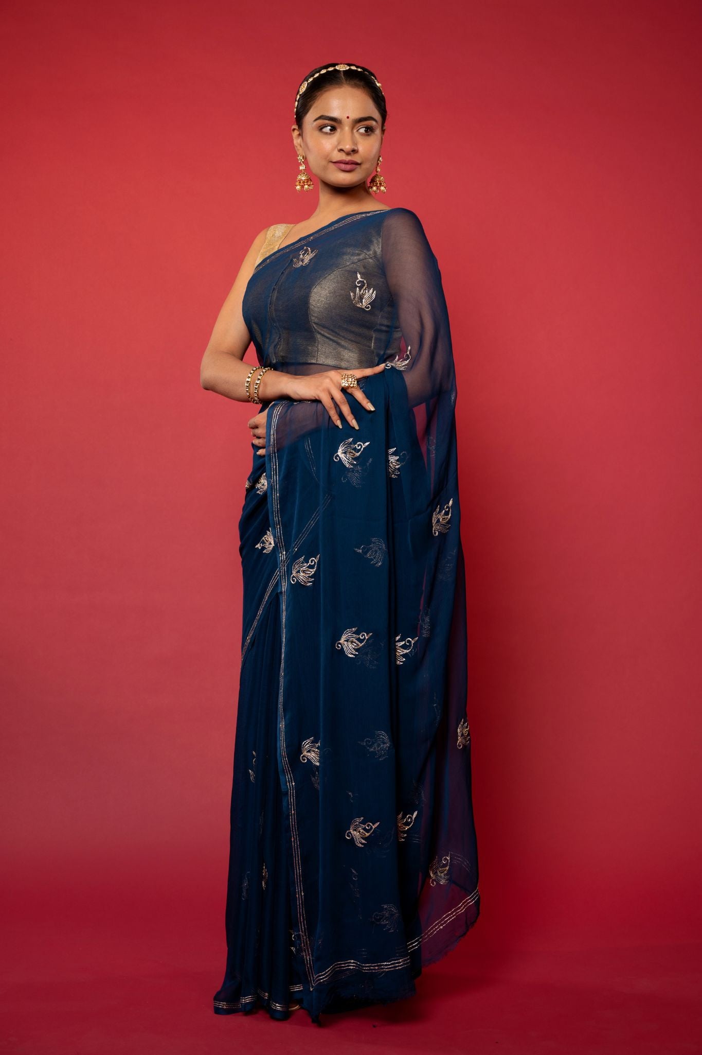 Dark blue viscose chiffon aari sequins handwork casual wear saree