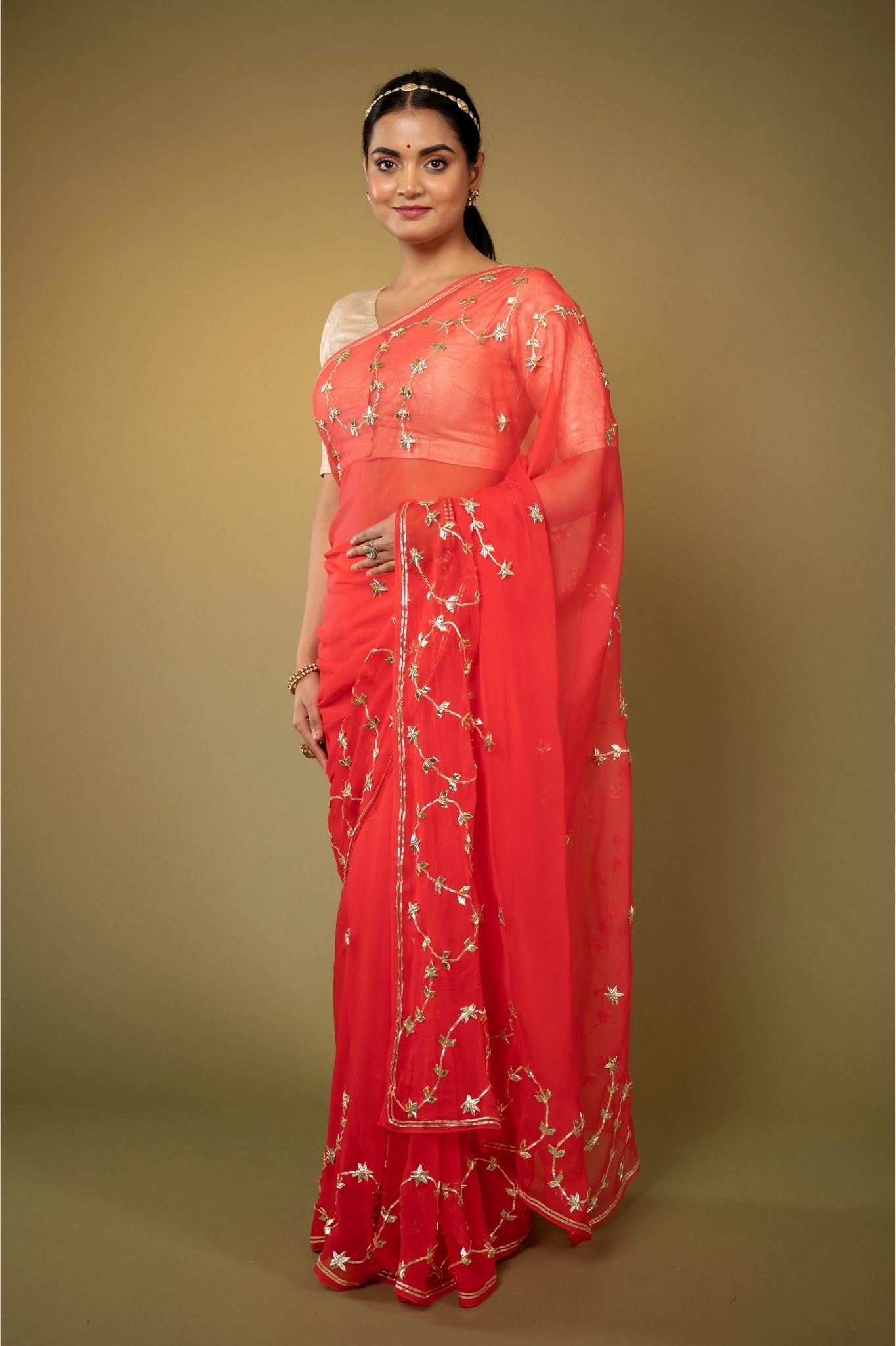 Warm Red Viscose Chiffon Sikhiya gota mohri pati border butti handwork casual wear saree