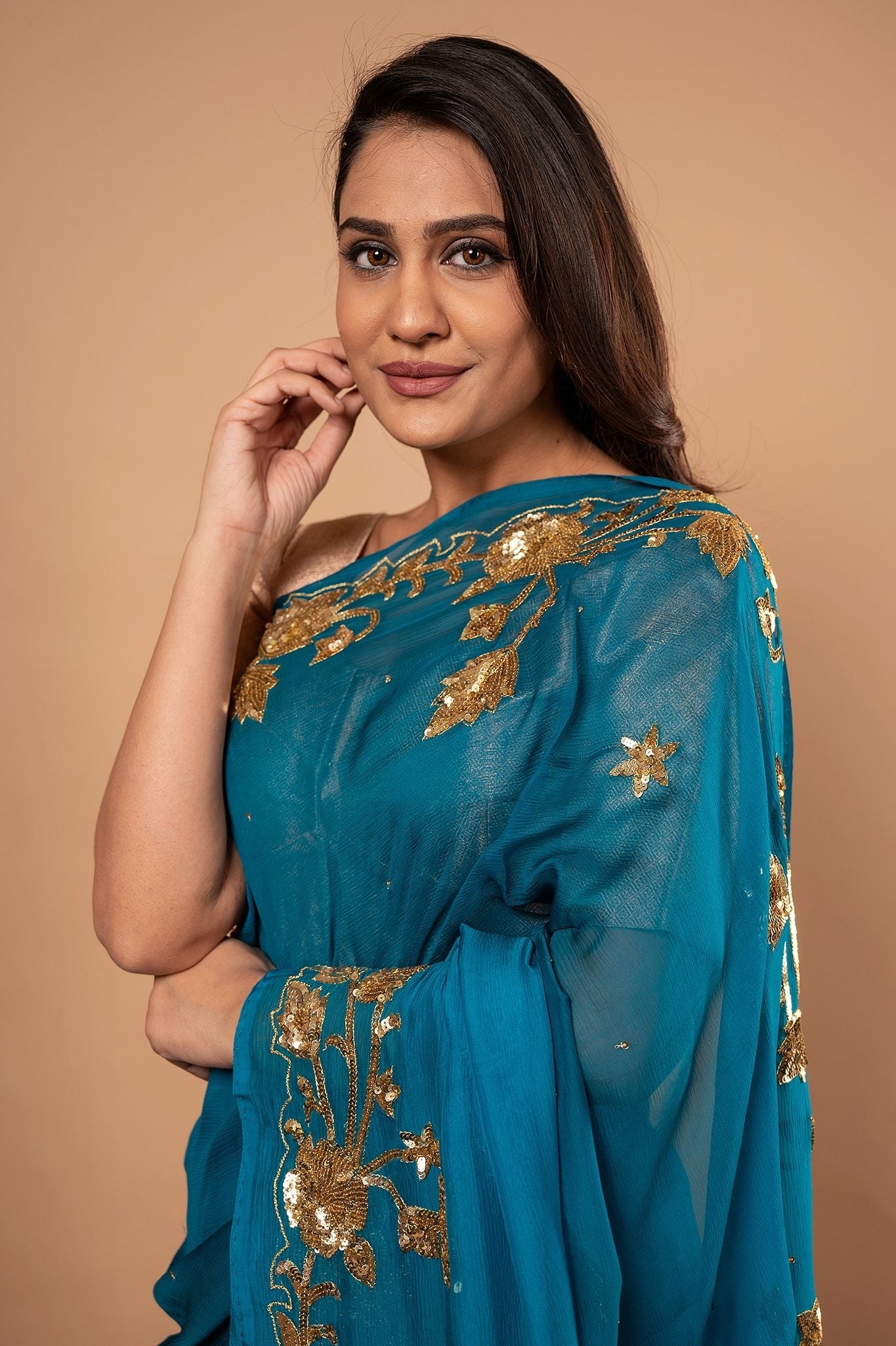 Rama Blue Pure Chiffon sequins border butti work Handwork saree