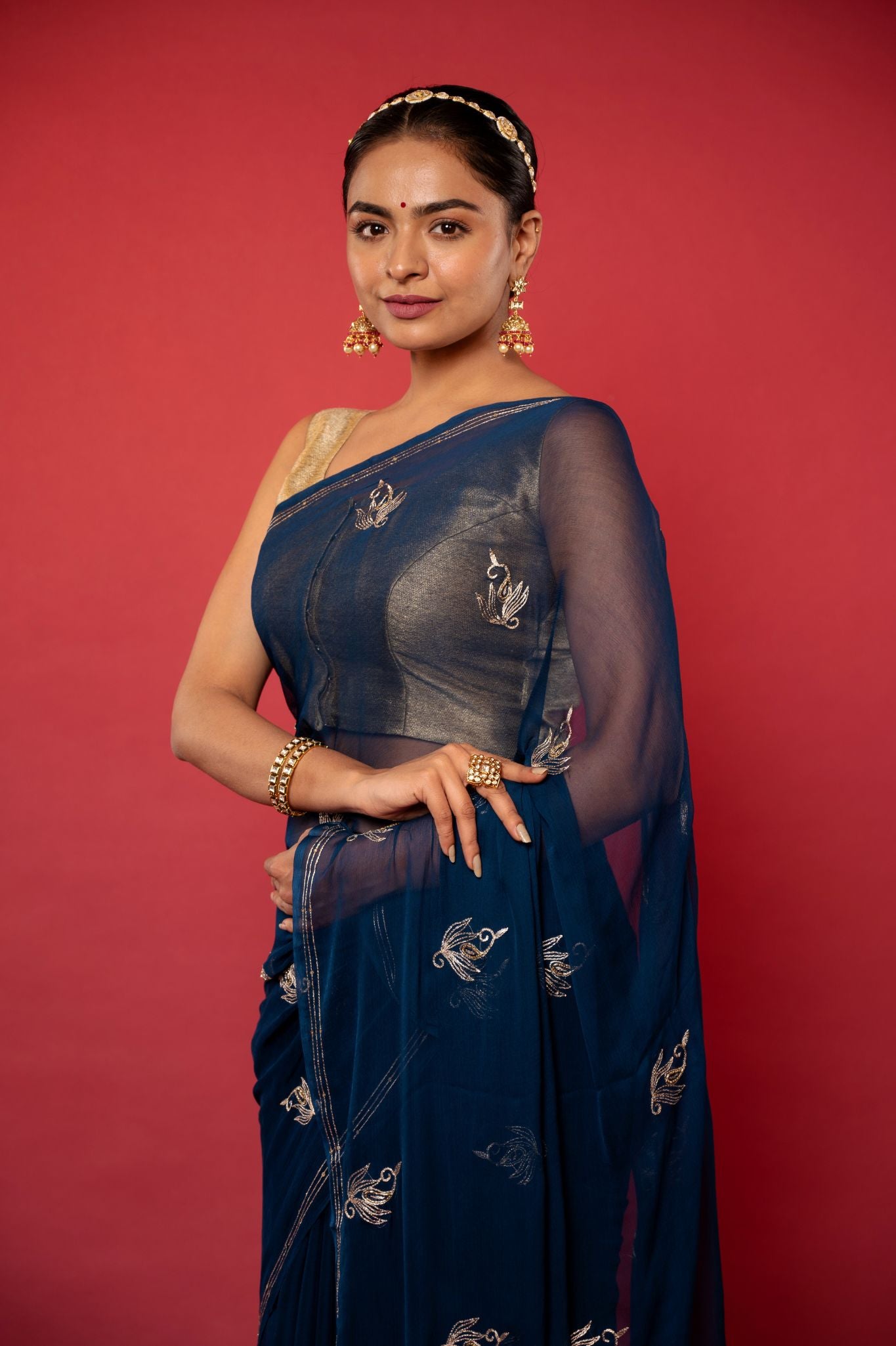 Dark blue viscose chiffon aari sequins handwork casual wear saree