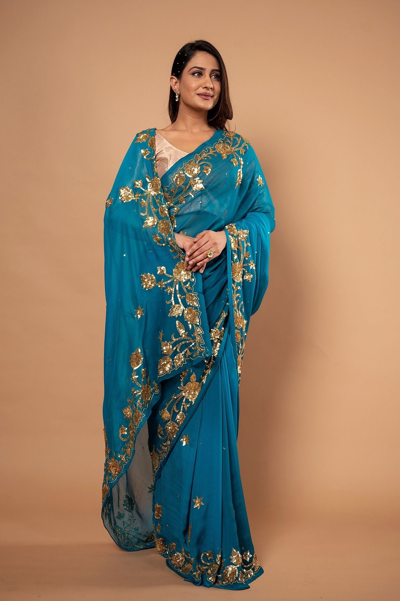 Rama Blue Pure Chiffon sequins border butti work Handwork saree