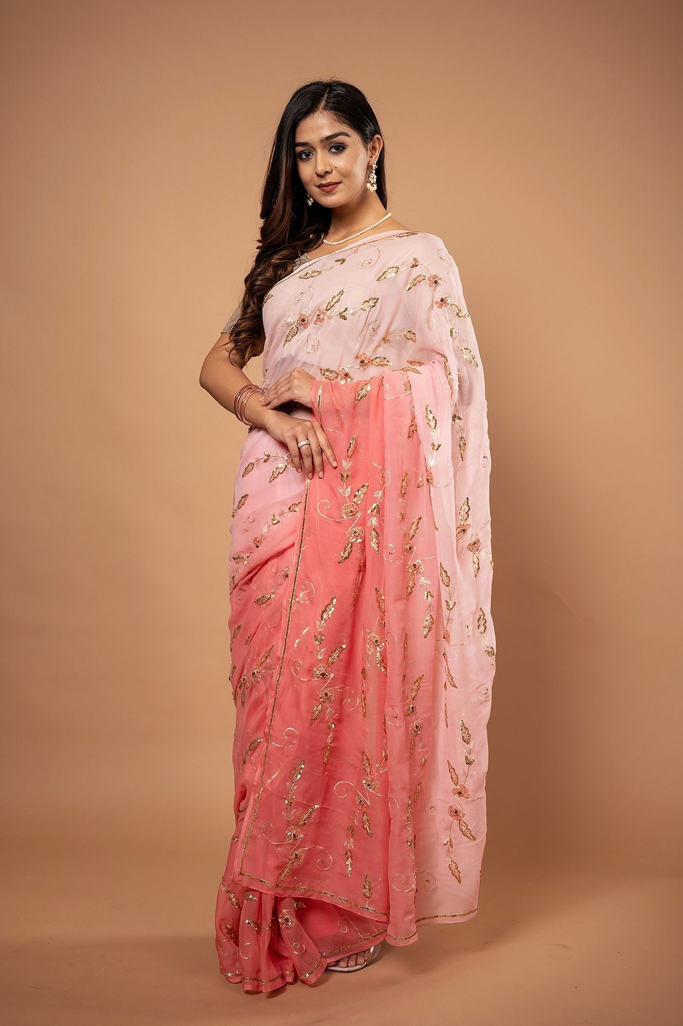 Peach light dark Pure Chiffon Aari sequins jaal handwork saree