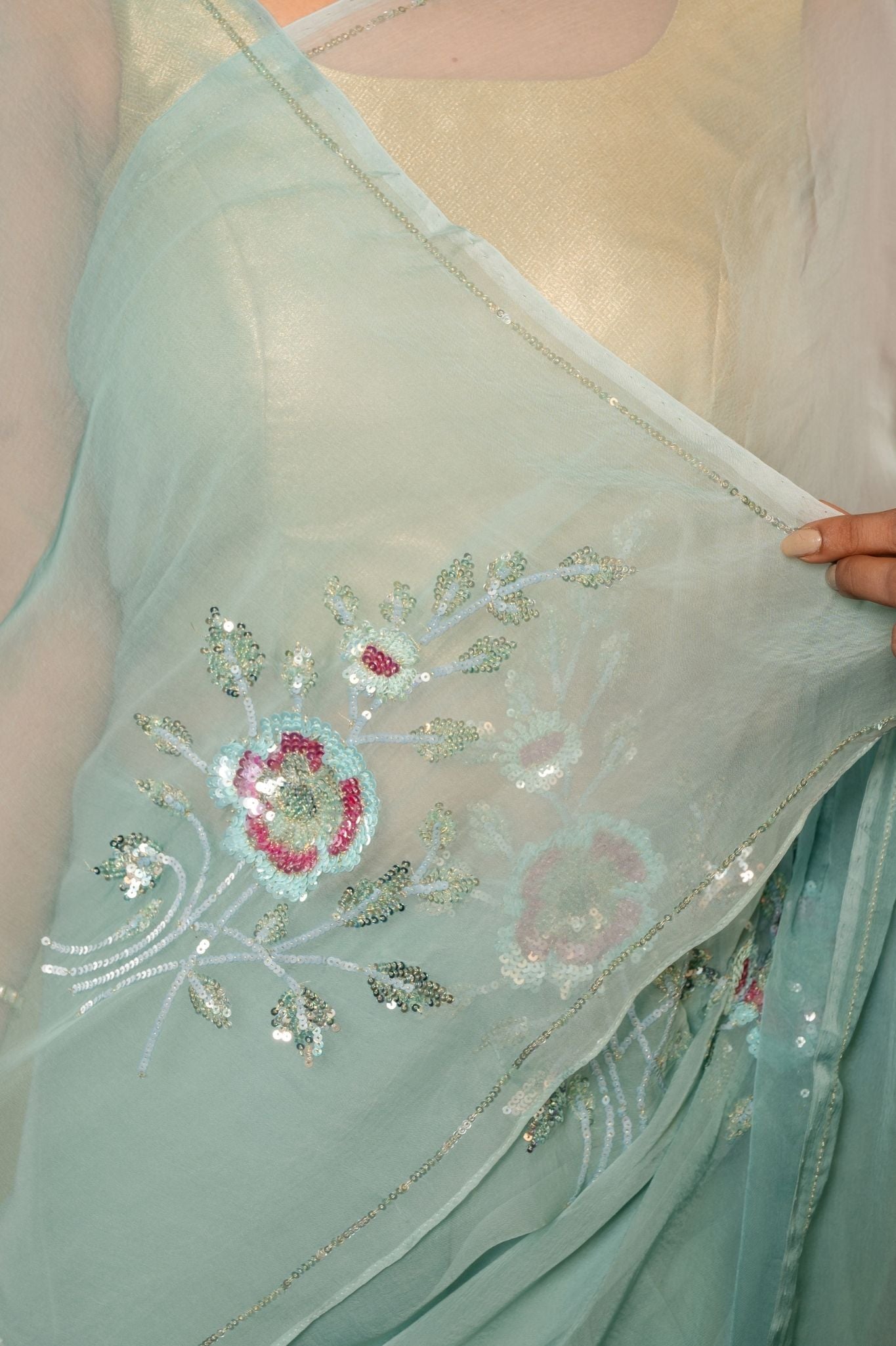 Greyish Green Viscose Chiffon sequins motif handwork party wear saree