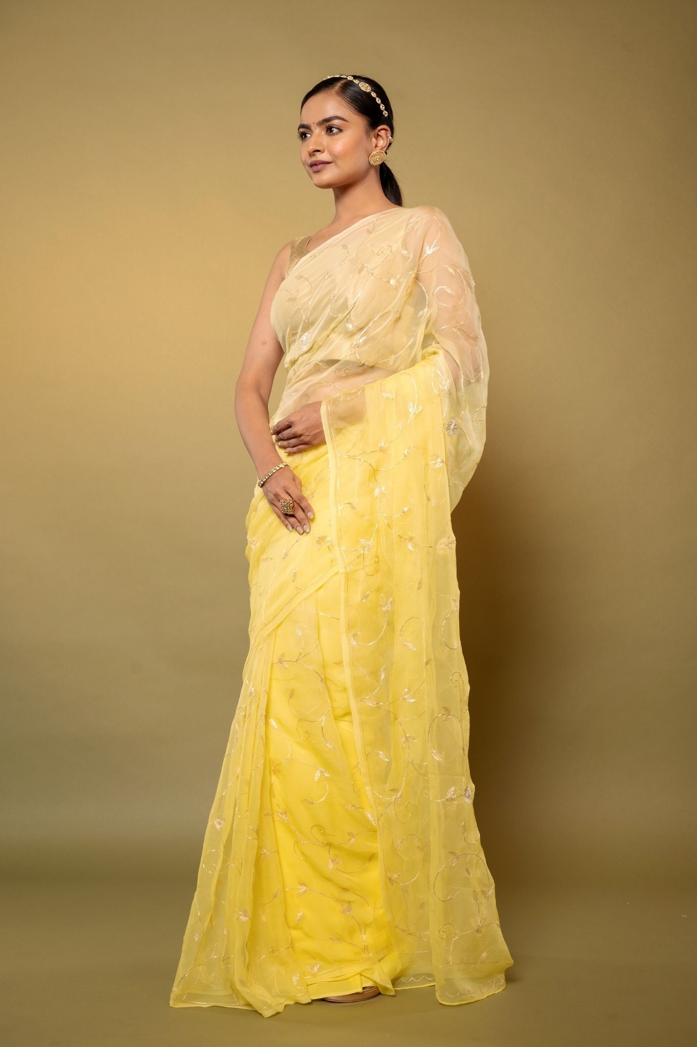 Lemon Viscose Chiffon aari sequins jaal handwork party wear saree