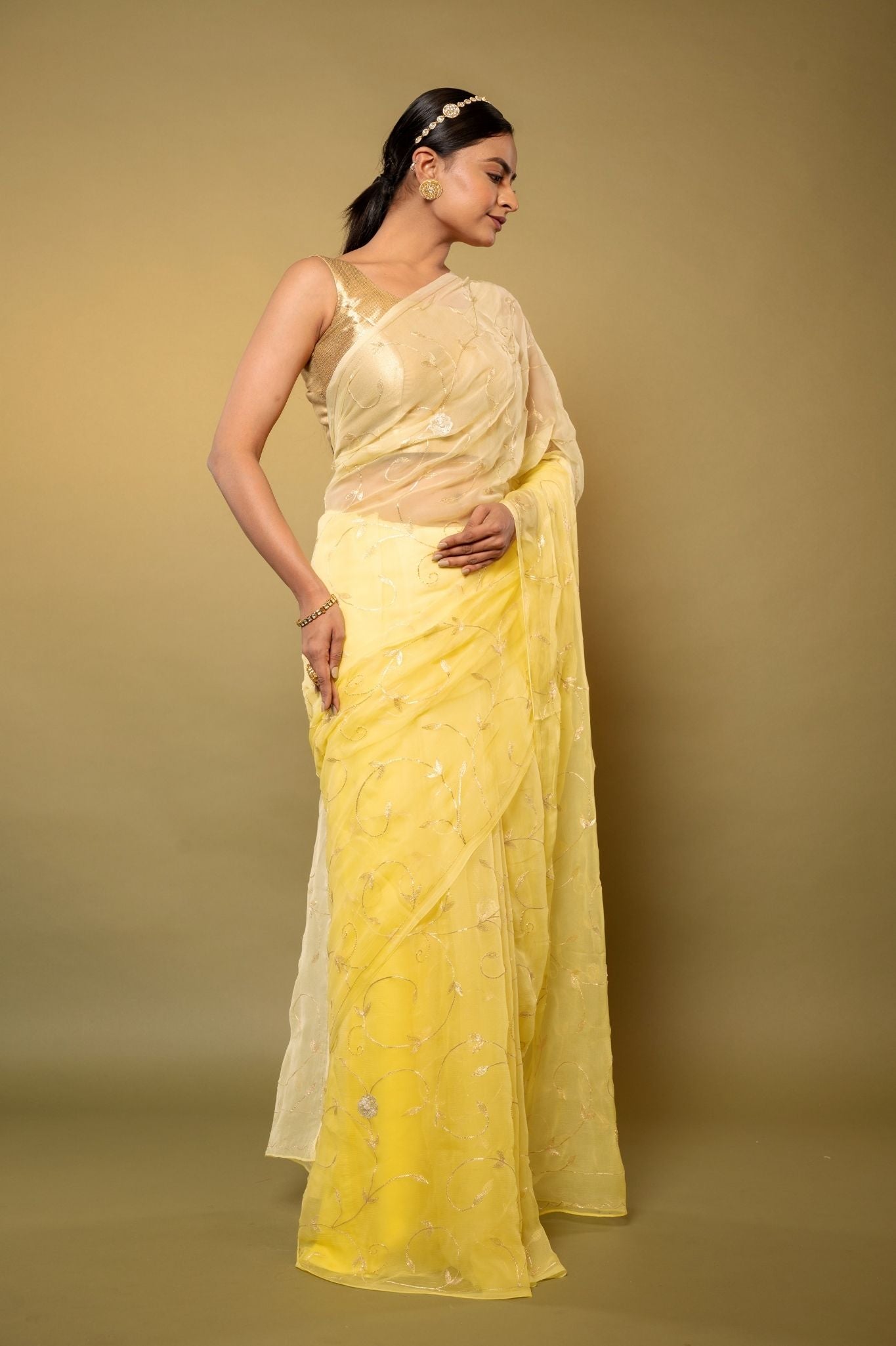 Lemon Viscose Chiffon aari sequins jaal handwork party wear saree