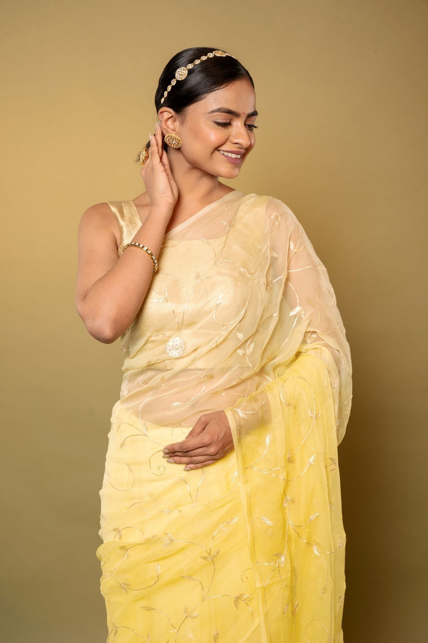 Lemon Viscose Chiffon aari sequins jaal handwork party wear saree