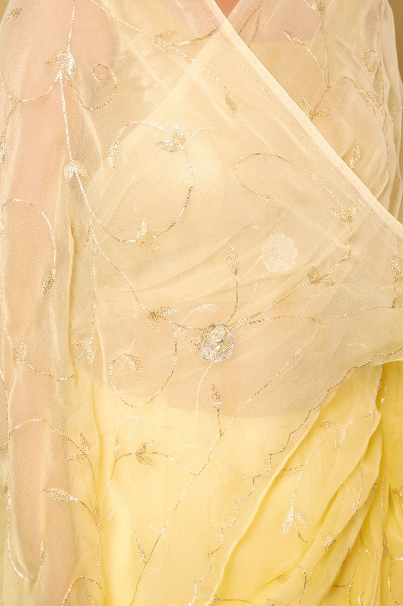 Lemon Viscose Chiffon aari sequins jaal handwork party wear saree