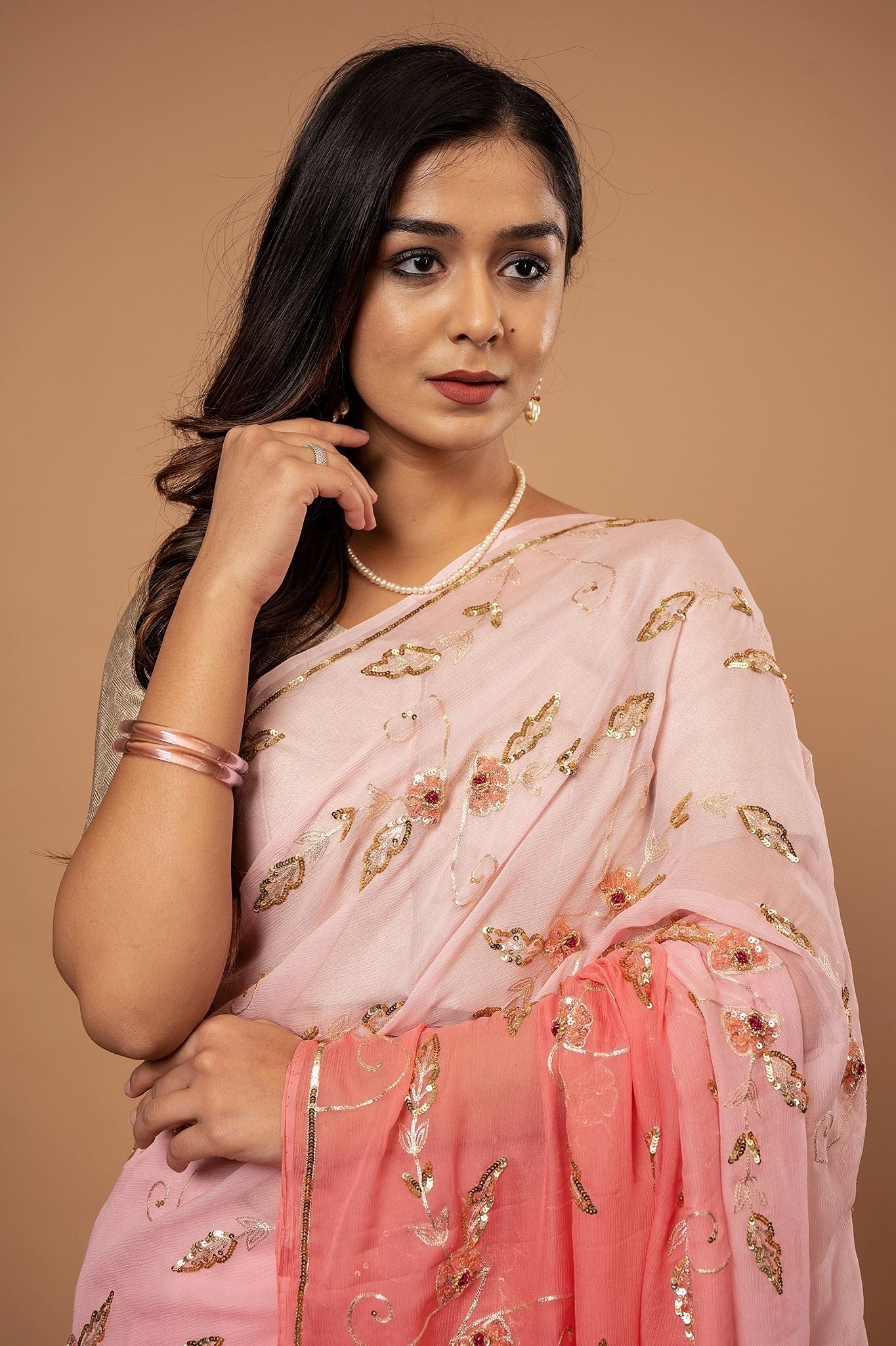 Peach light dark Pure Chiffon Aari sequins jaal handwork saree