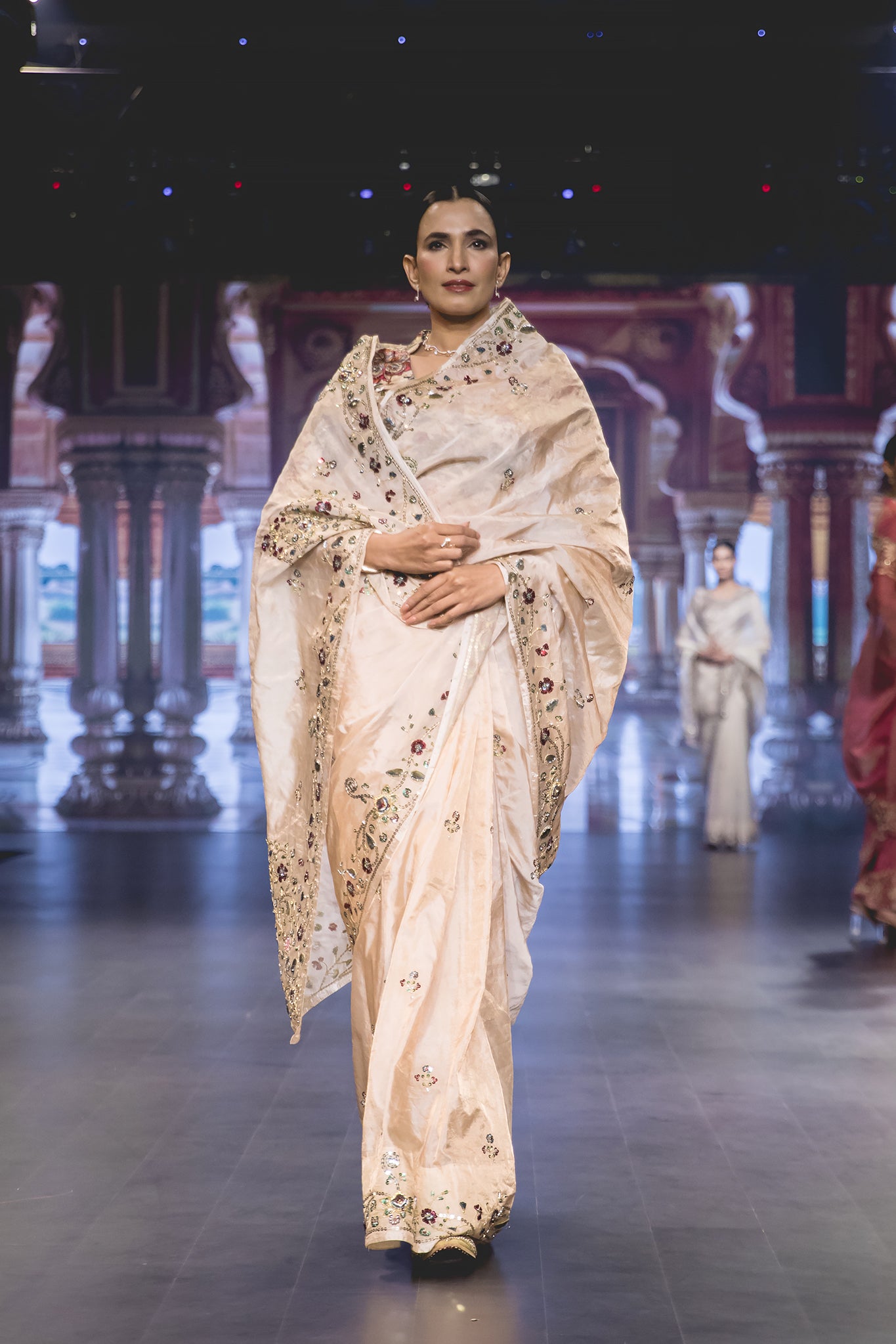 Beige Pure Tissue Sequins Border & Motif Handwork Party Wear Saree with Blouse
