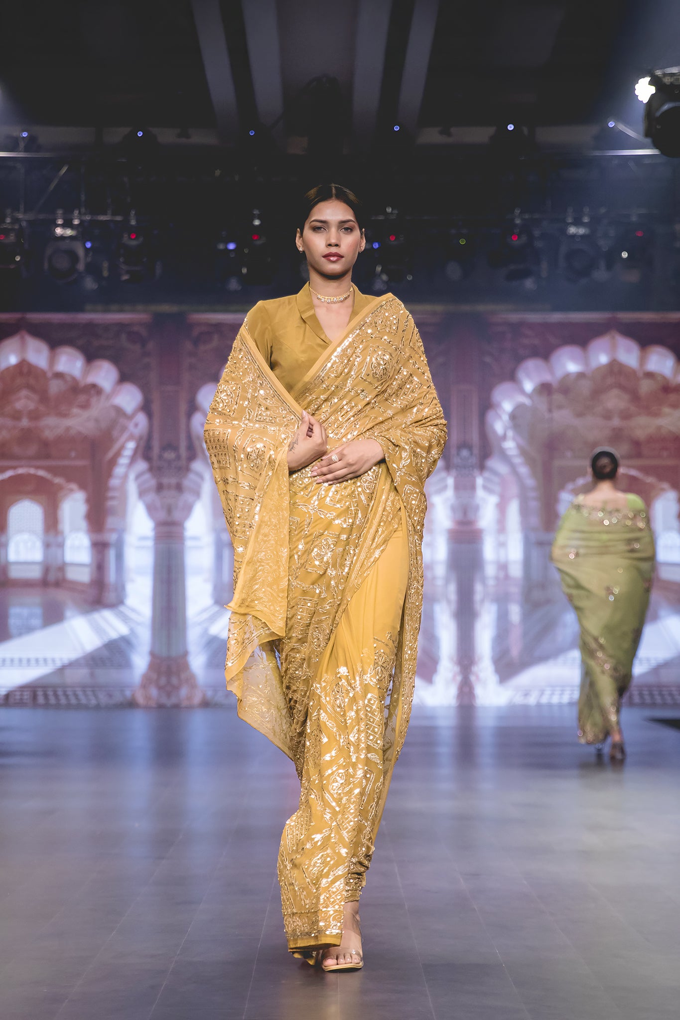 Dusty Brown Pure Chiffon Aari Sequins Border Jaal Handwork Party Wear Saree with Blouse