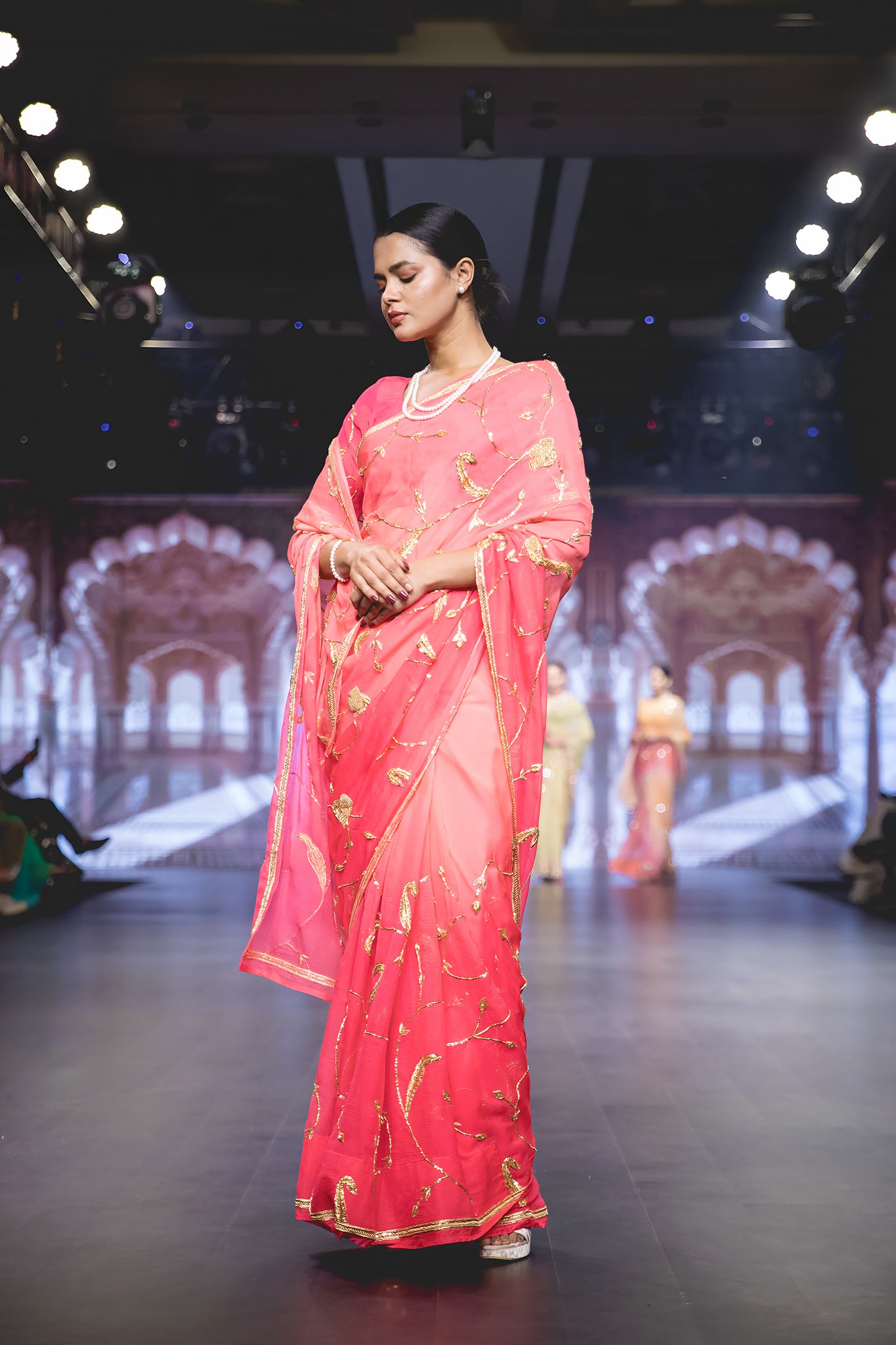 Gajri Pink Pure Chiffon Zardozi Sequins Flower Jaal Handwork Party Wear Saree with Blouse