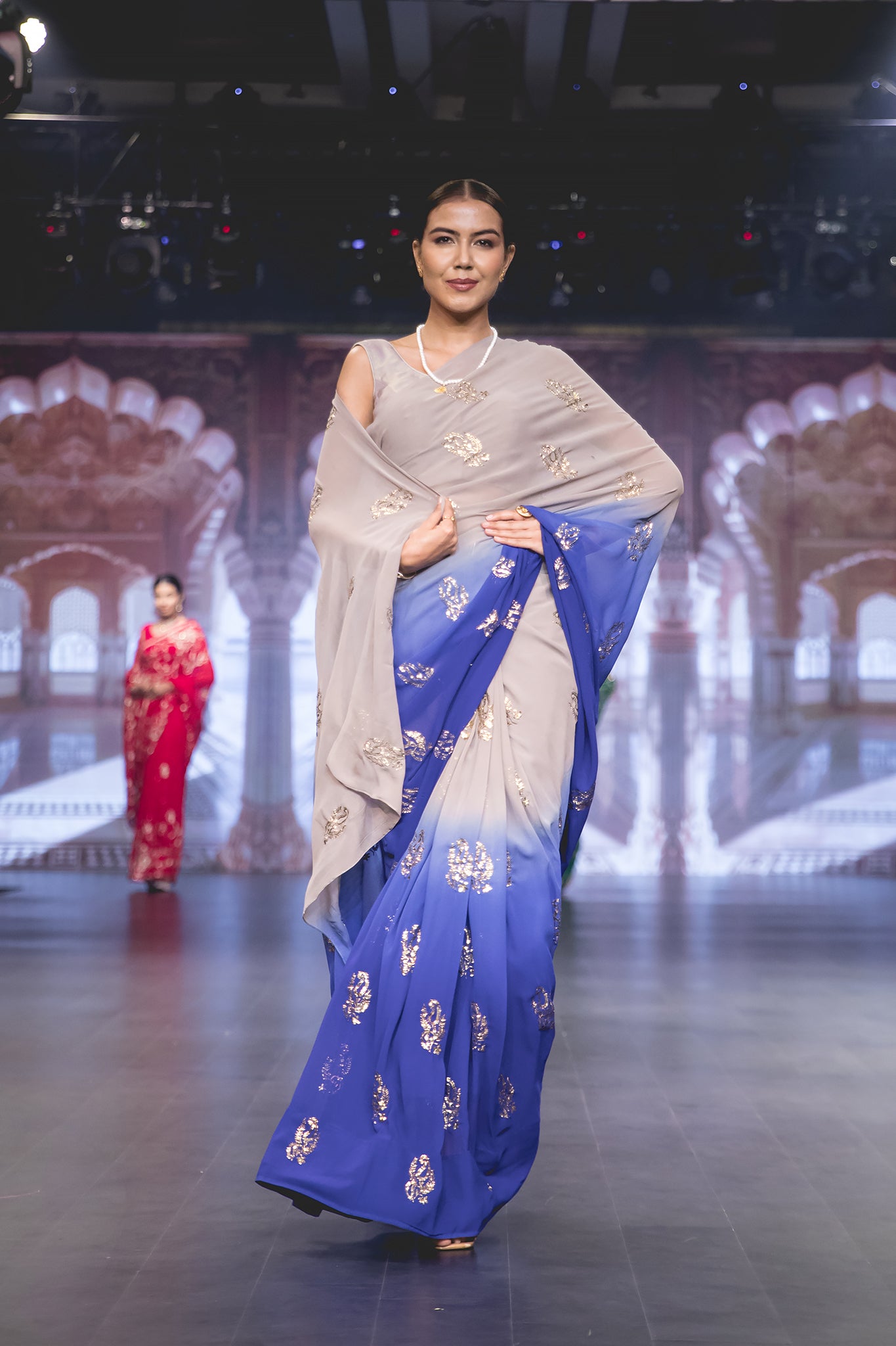 Grey Blue Ombre Pure 60gm Georgette Mukesh Baadla Work Motif (Booty) All Over Handwork Party Wear Saree with Blouse