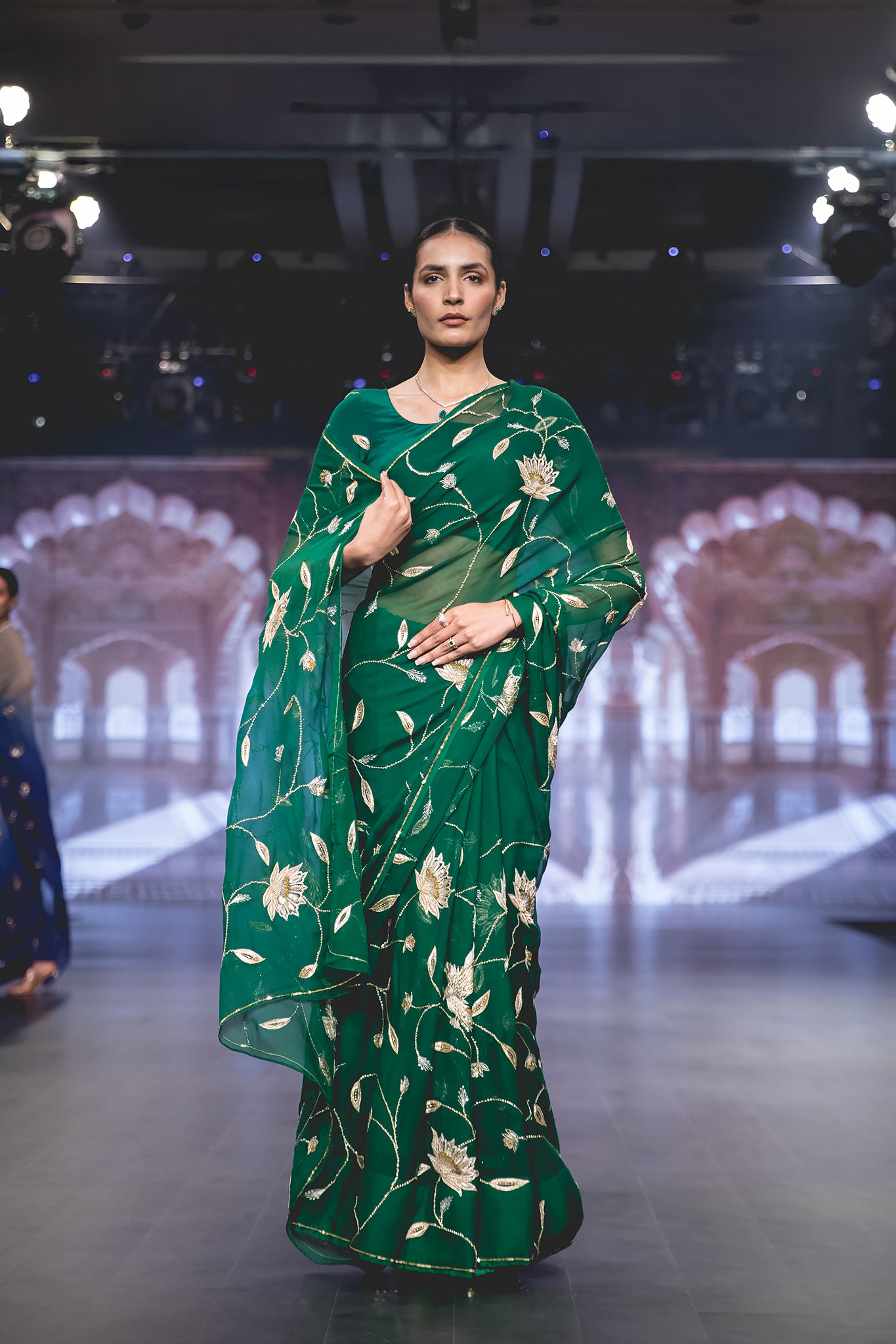 Bottle Green Pure Chiffon Aari Sequins Zardozi Flower Motif (Booty) all over Jaal Handwork Party Wear Saree with Blouse