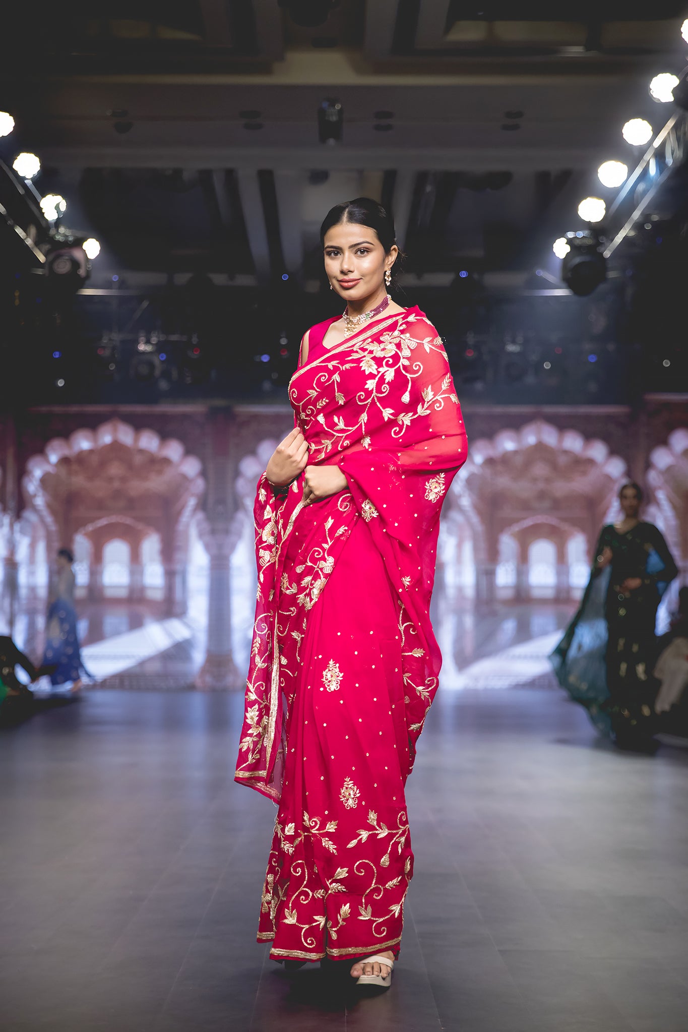 Red Pure Chiffon Aari Sequins Zardozi French Knot Flower Leaf Motif (Booty) all over Jaal Handwork Party Wear Saree with Blouse