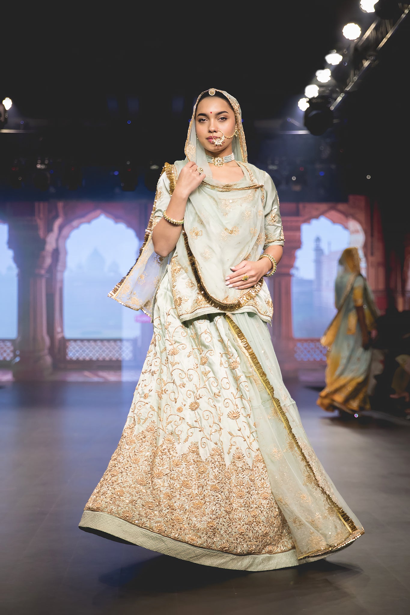 Light Olive Pure Satin Dabka Tari work Handwork Poshak with pure odhna (unstitched)