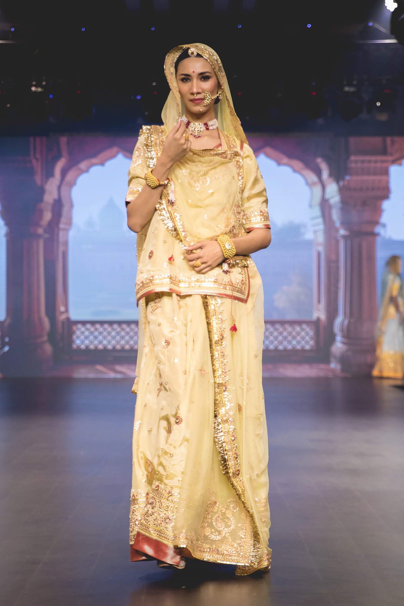Butter Yellow Viscose Tissue Gotta Patti Zardozi Handwork Poshak with pure odhna (unstitched)
