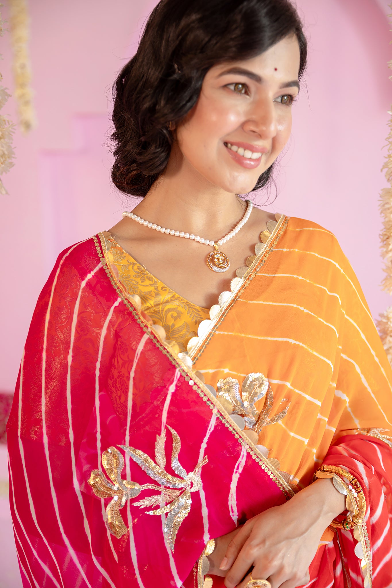 Pure Georgette 40 Gsm Multi colour Leheriya Aari Sequins Motifs Work Saree