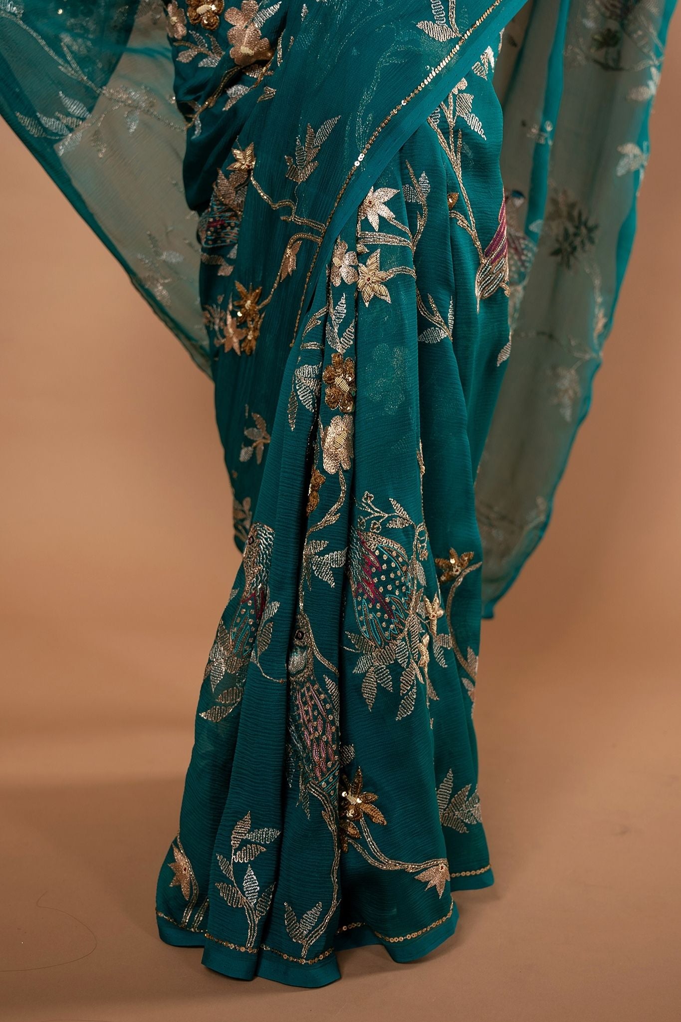 Rama pure chiffon aari sequnece zardozi resham jaal handwork saree