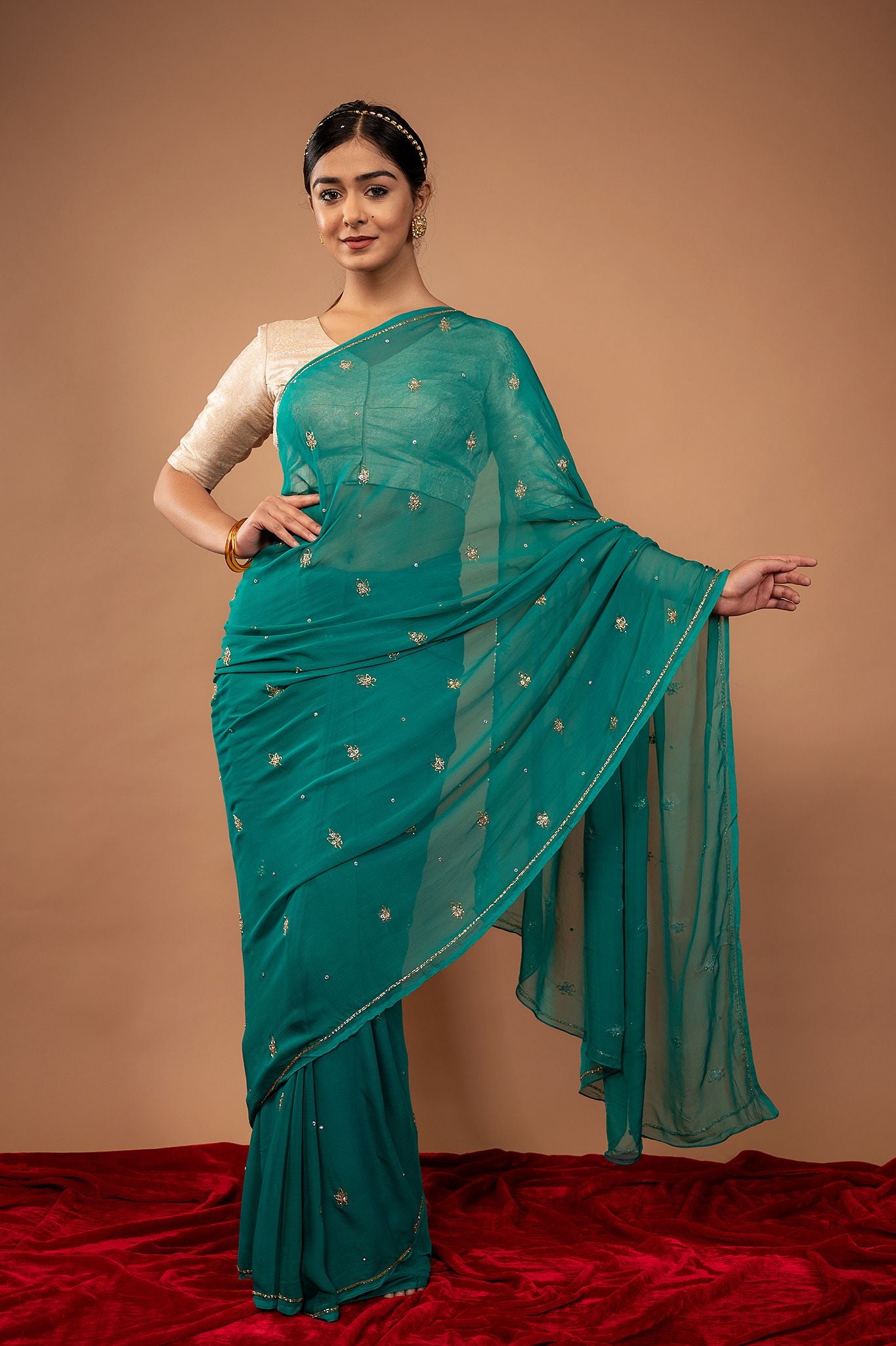 Rama green viscose chiffon kardana motif handwork casual wear saree