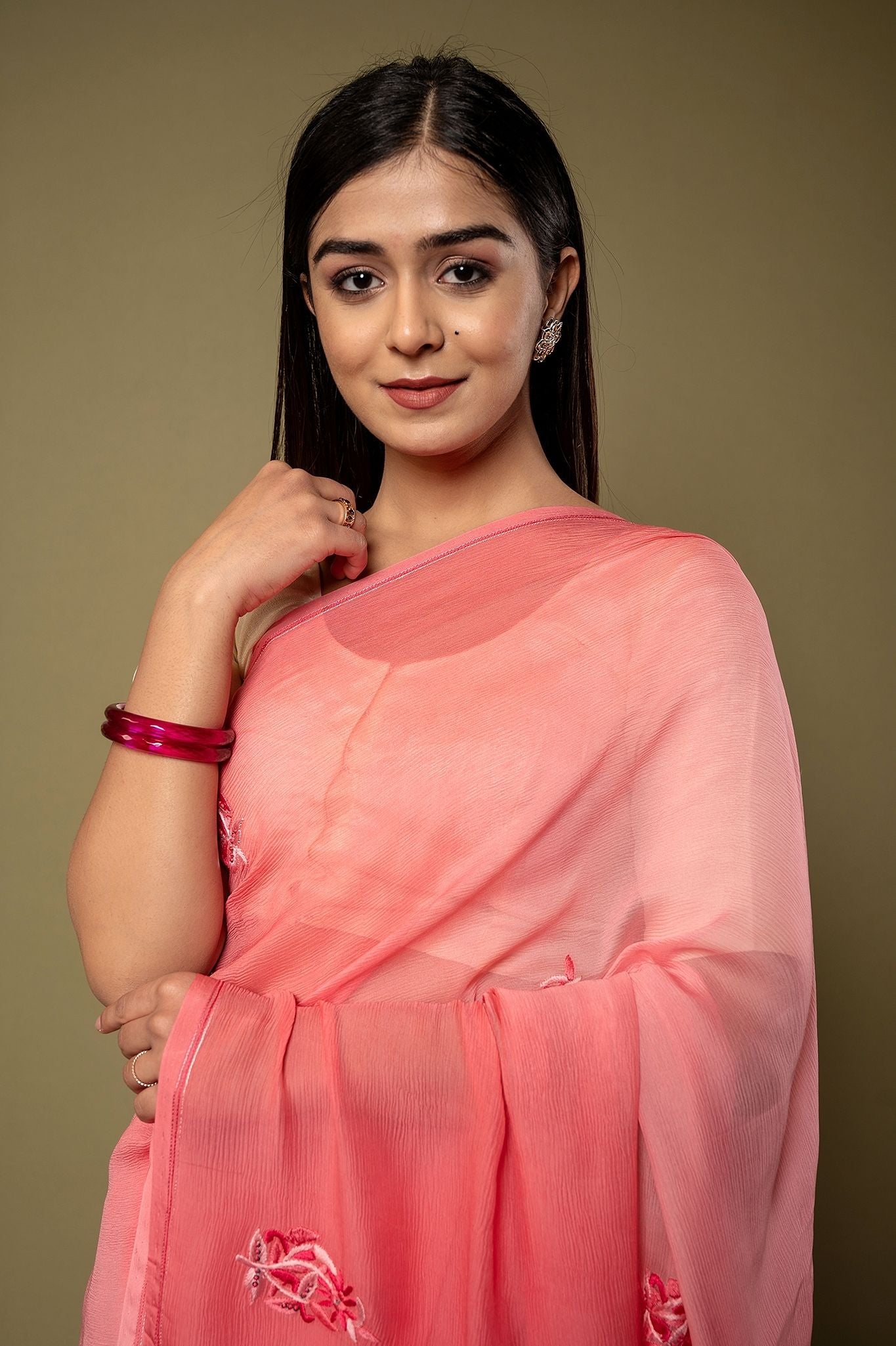 Peach Pink Pure Chiffon Resham Motif handwork saree