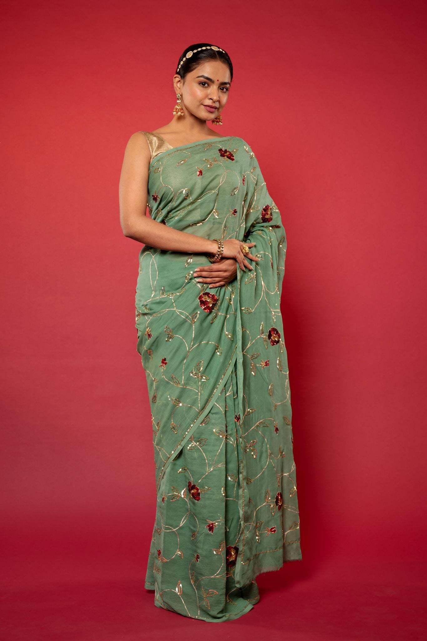 Oilve pure chiffon sequins jaal handwork saree