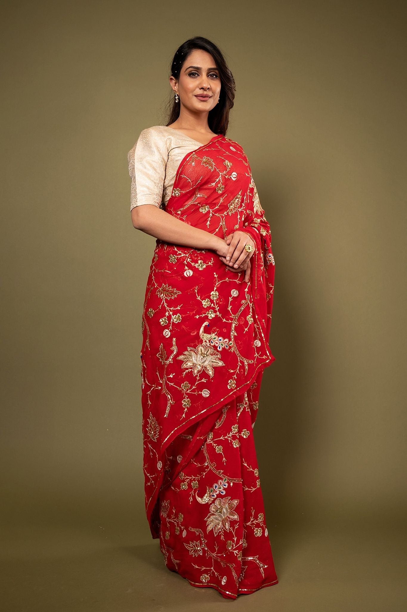 red pure chiffon aari sequins jaal handwork saree