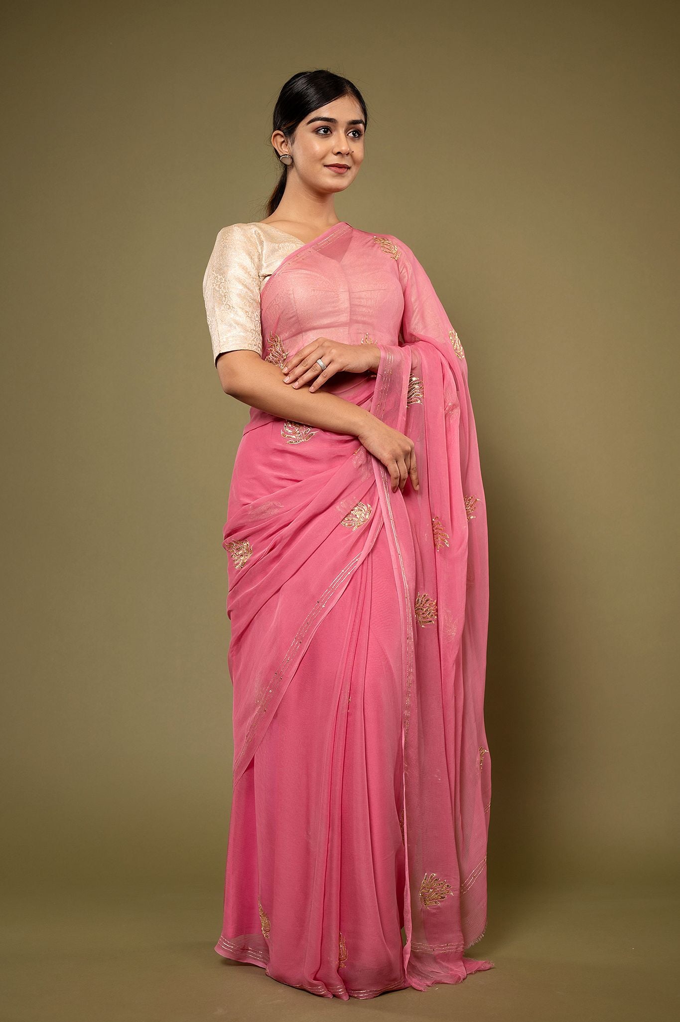 Pink viscose chiffon aari sequins motif handwork casual wear saree