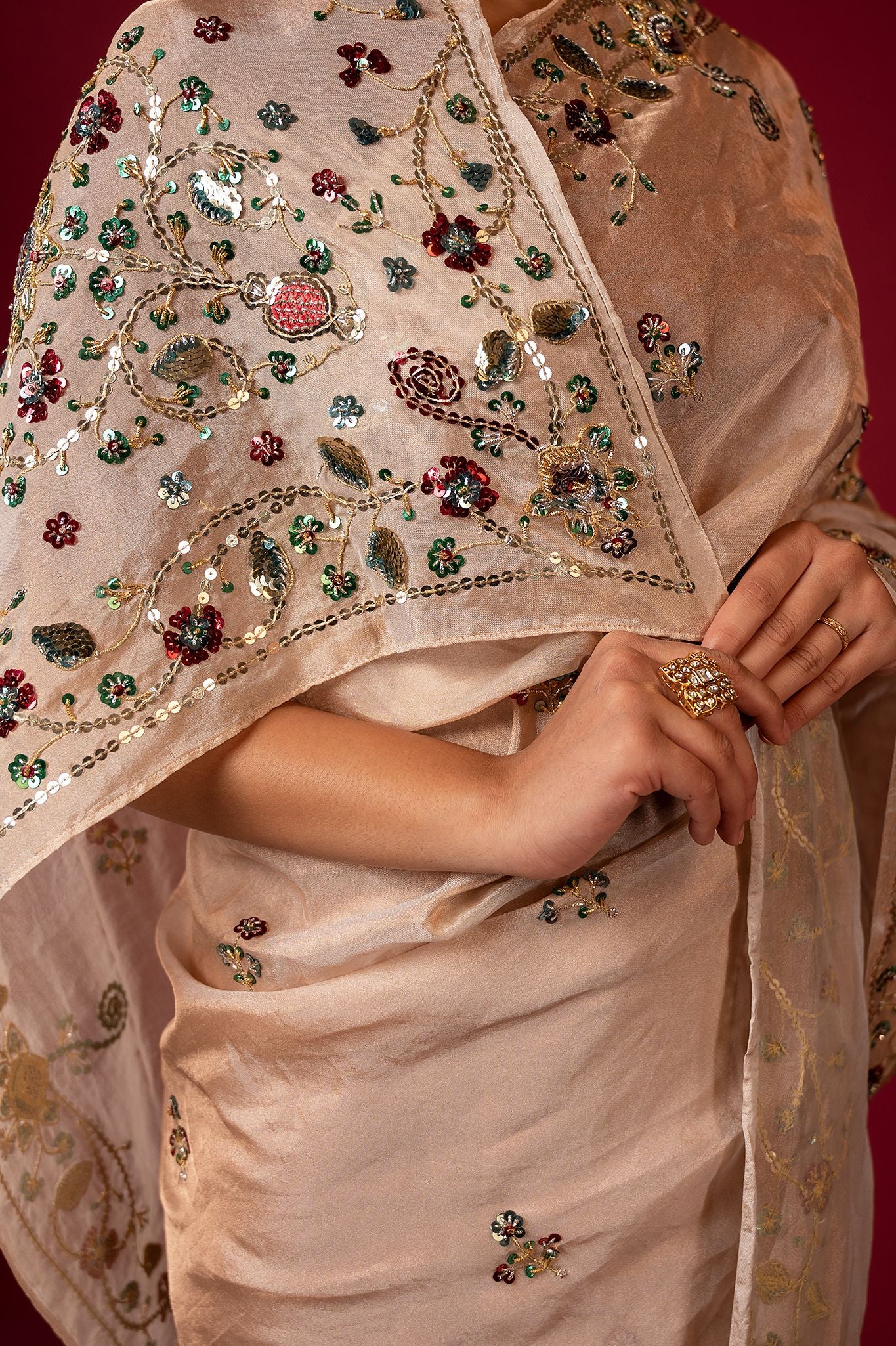 Cream Pure Tissue aari sequins handwork saree