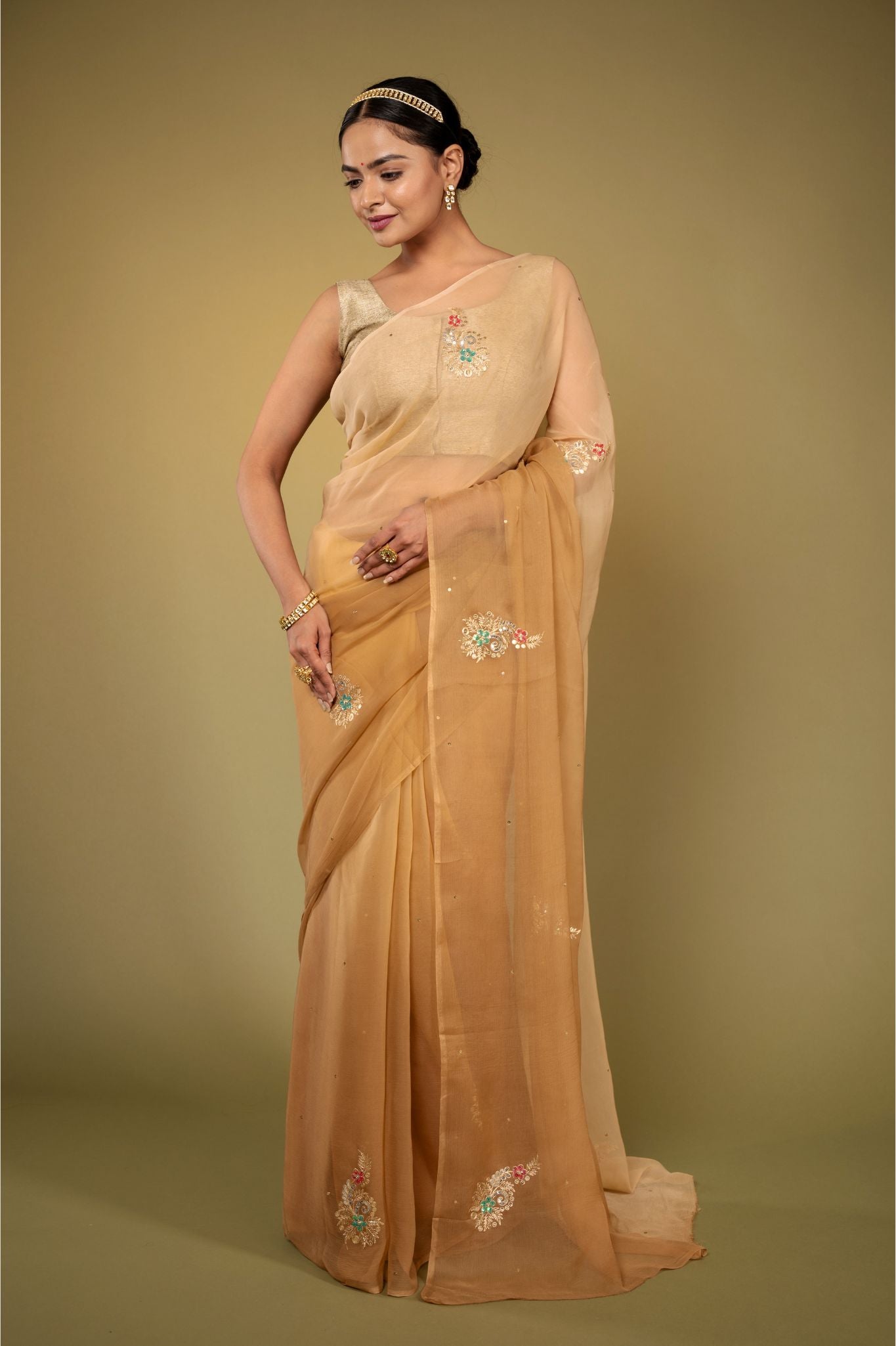 Chikku Light brown viscose chiffon aari sequins handwork casual wear saree