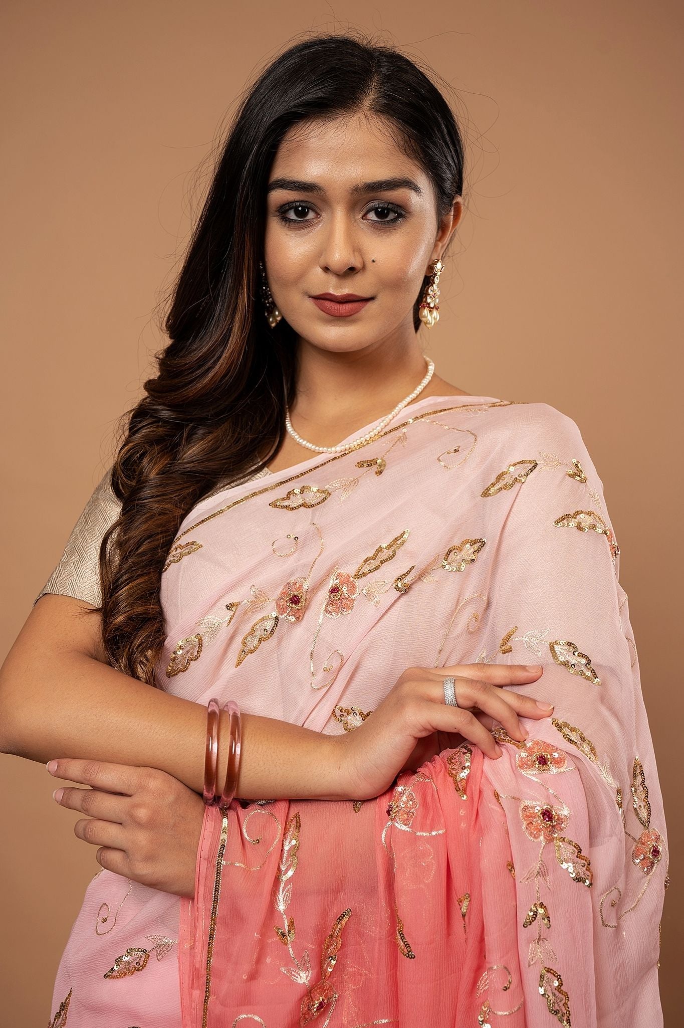 Peach light dark Pure Chiffon Aari sequins jaal handwork saree