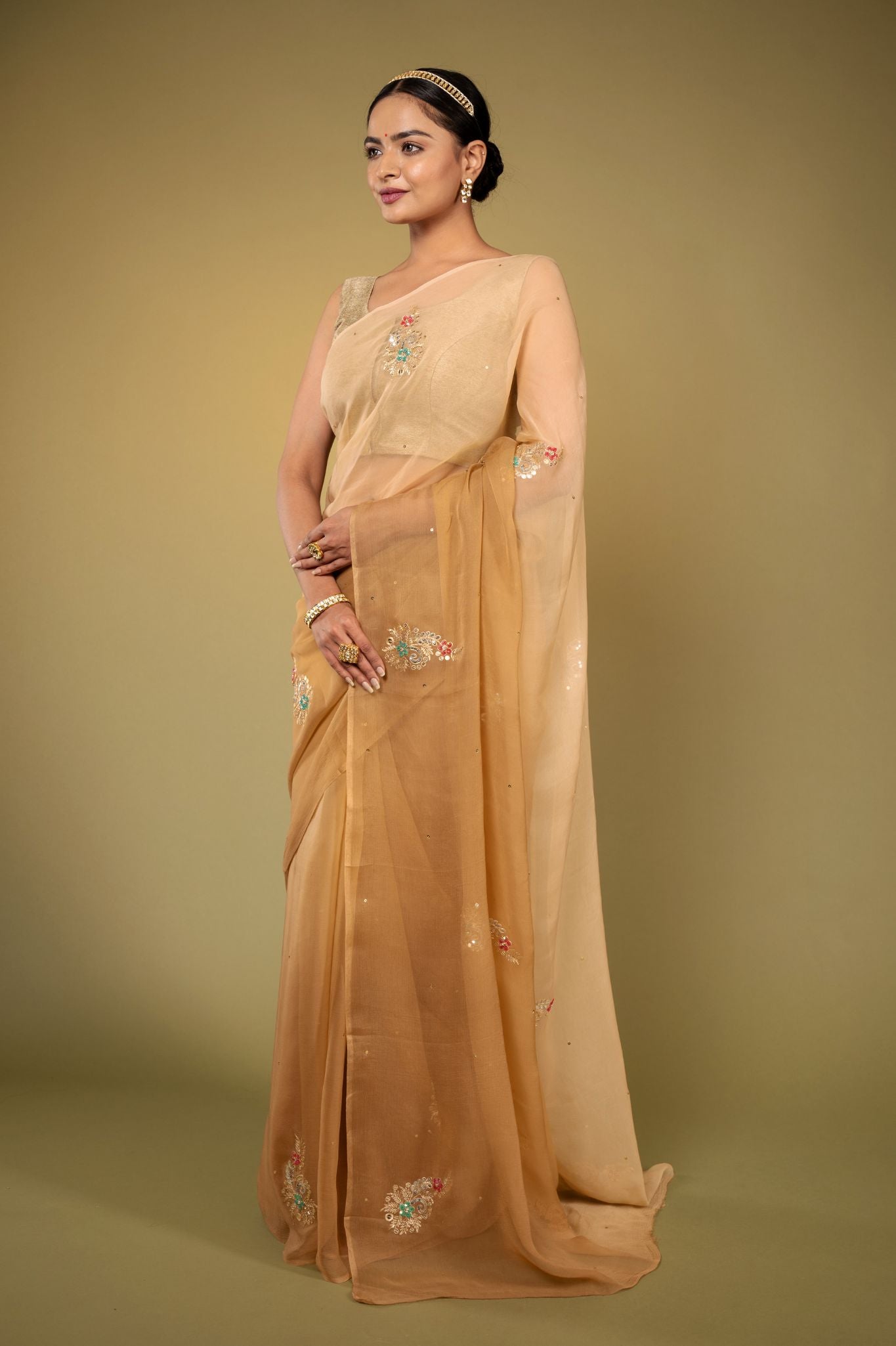 Chikku Light brown viscose chiffon aari sequins handwork casual wear saree