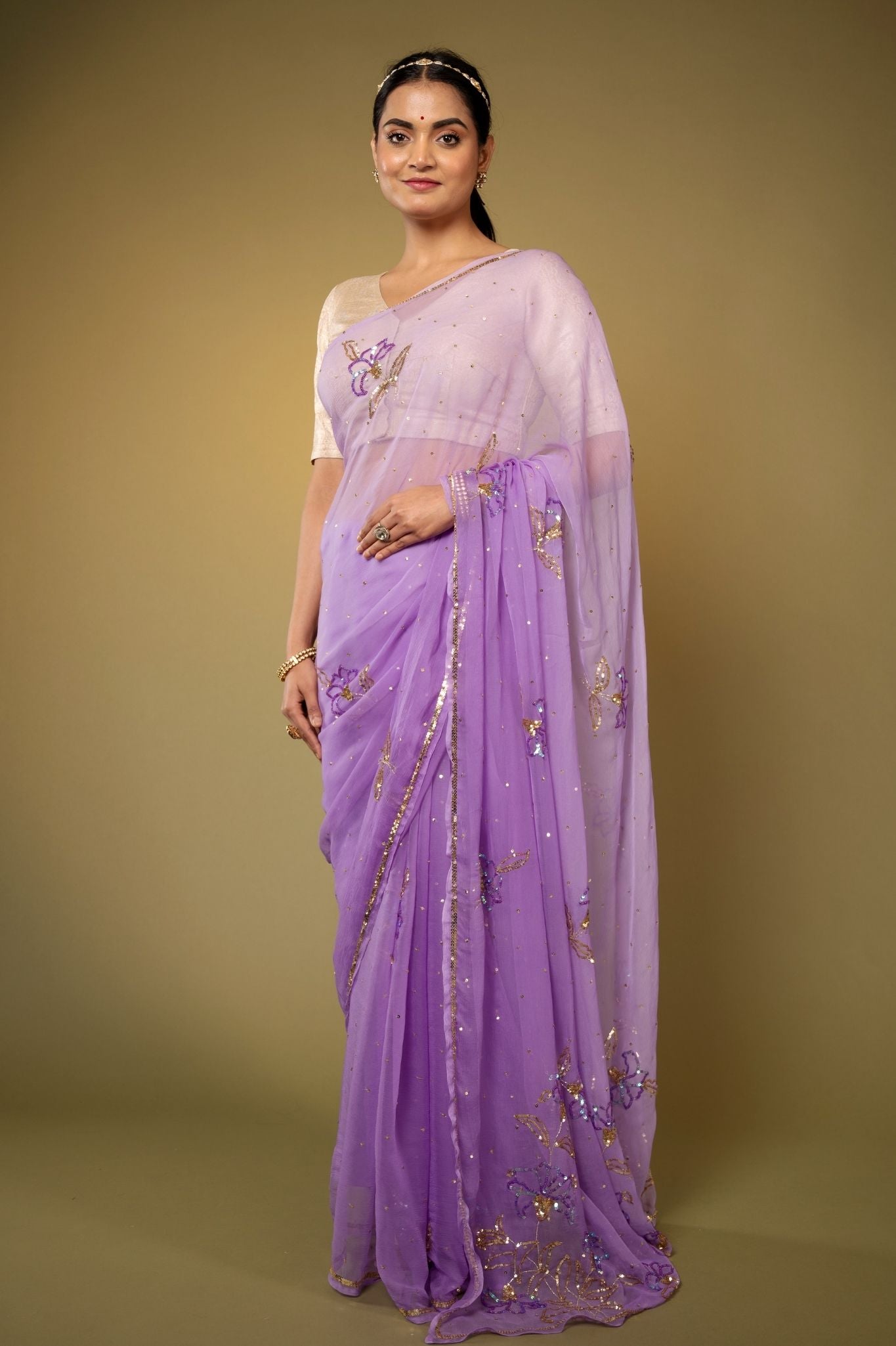 Lavender Viscose Chiffon sequins handwork party wear saree
