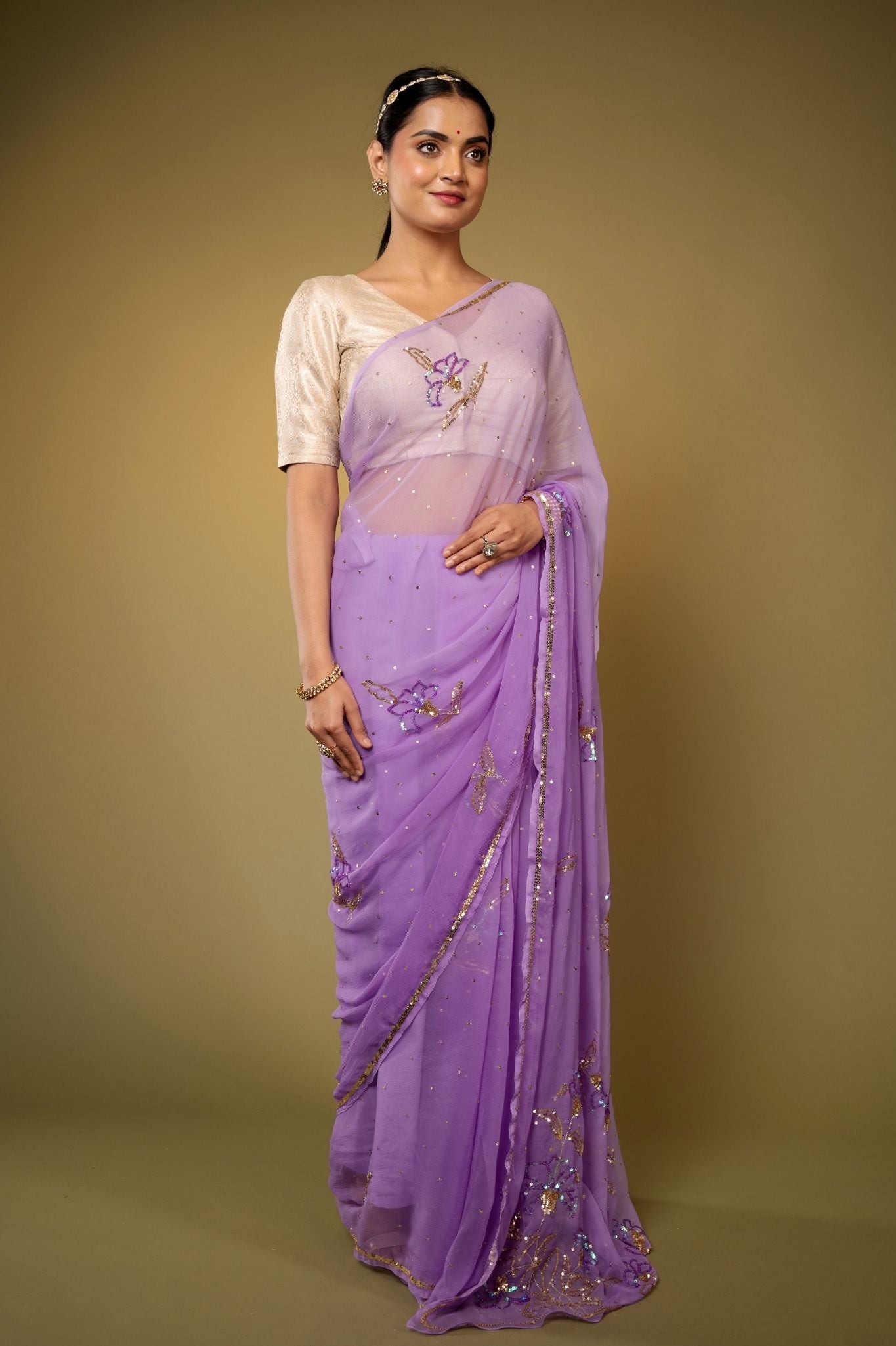 Lavender Viscose Chiffon sequins handwork party wear saree