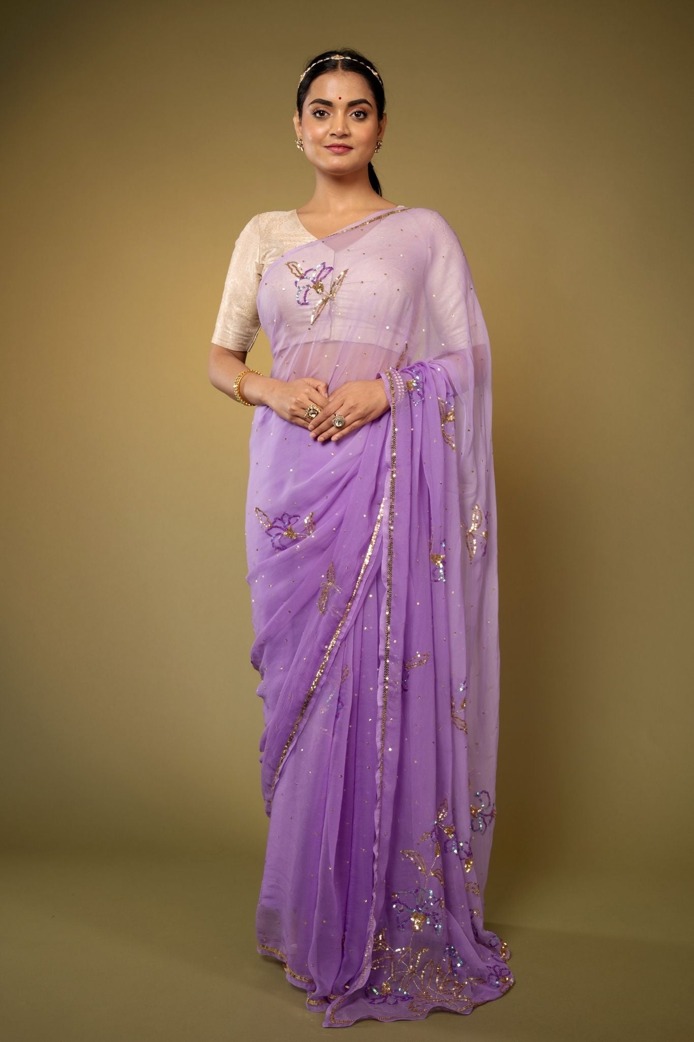 Lavender Viscose Chiffon sequins handwork party wear saree